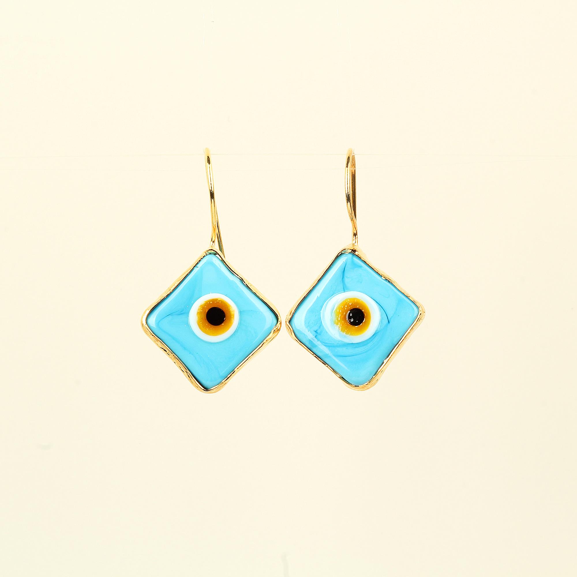 Blue Evil Eye Beads Hook Rectangle Earrings