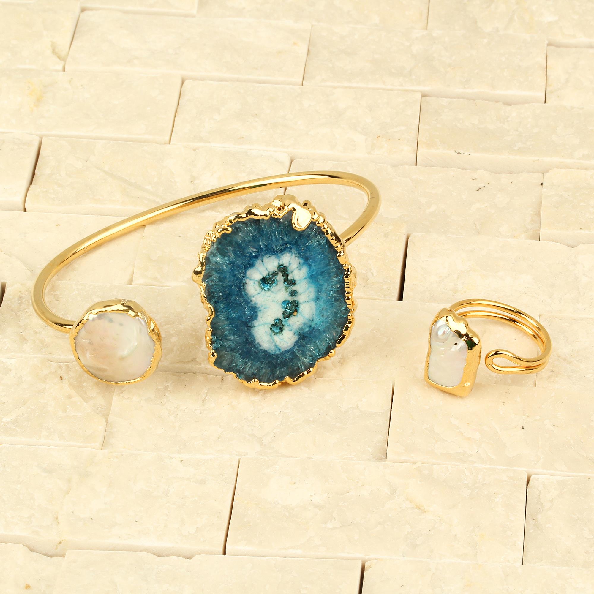 Blue Natural Stone Cuff With Pearl Ring