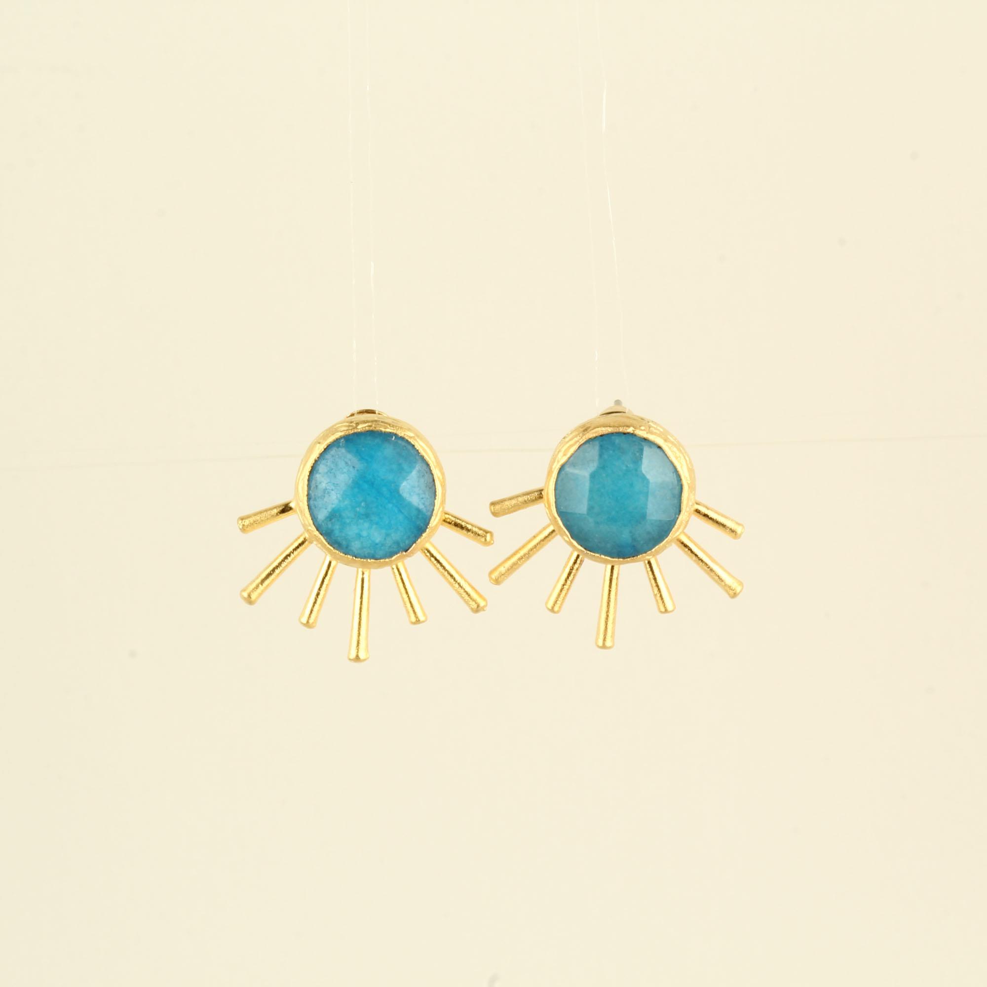 Blue Natural Stone Sun Ray Round Stud Earrings