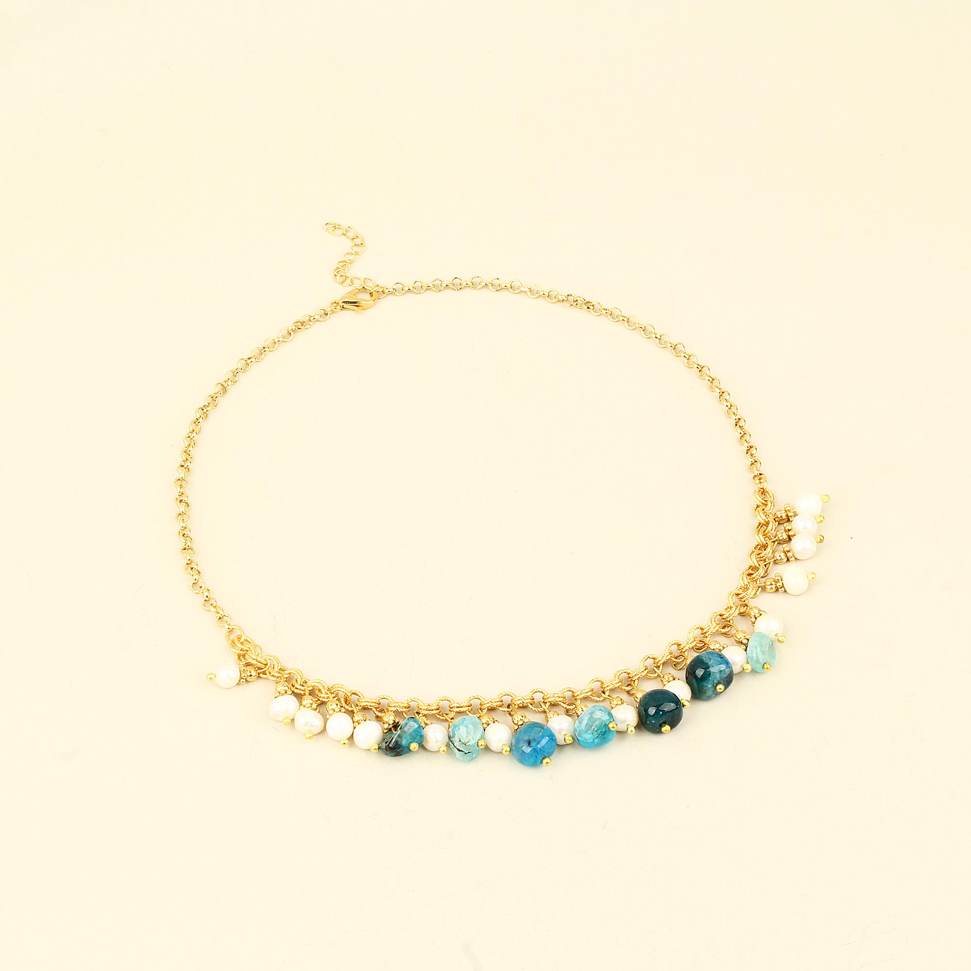 Blue Natural Stones and Pearl Short Chain Necklace