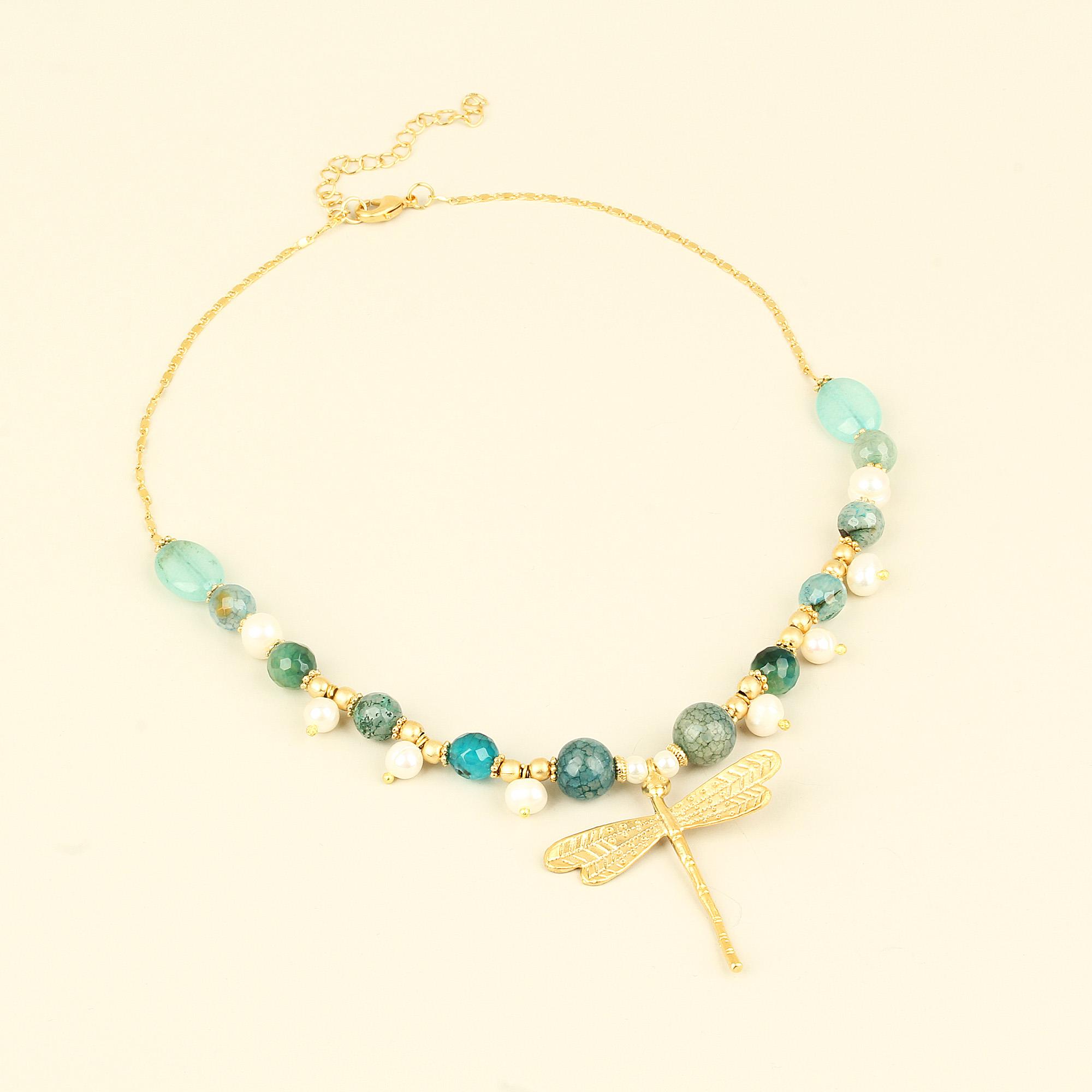 Blue Natural Stones Pearl Detailed Dragonfly Chain Necklace