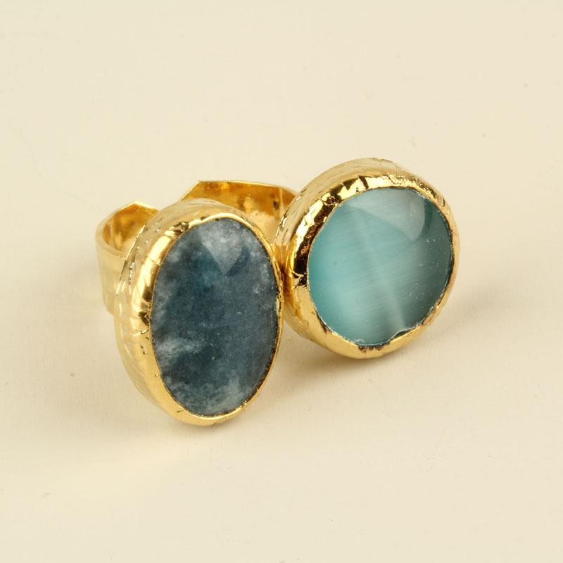 Blue Quartz & Blue Cats Eye Stone Duo Ring