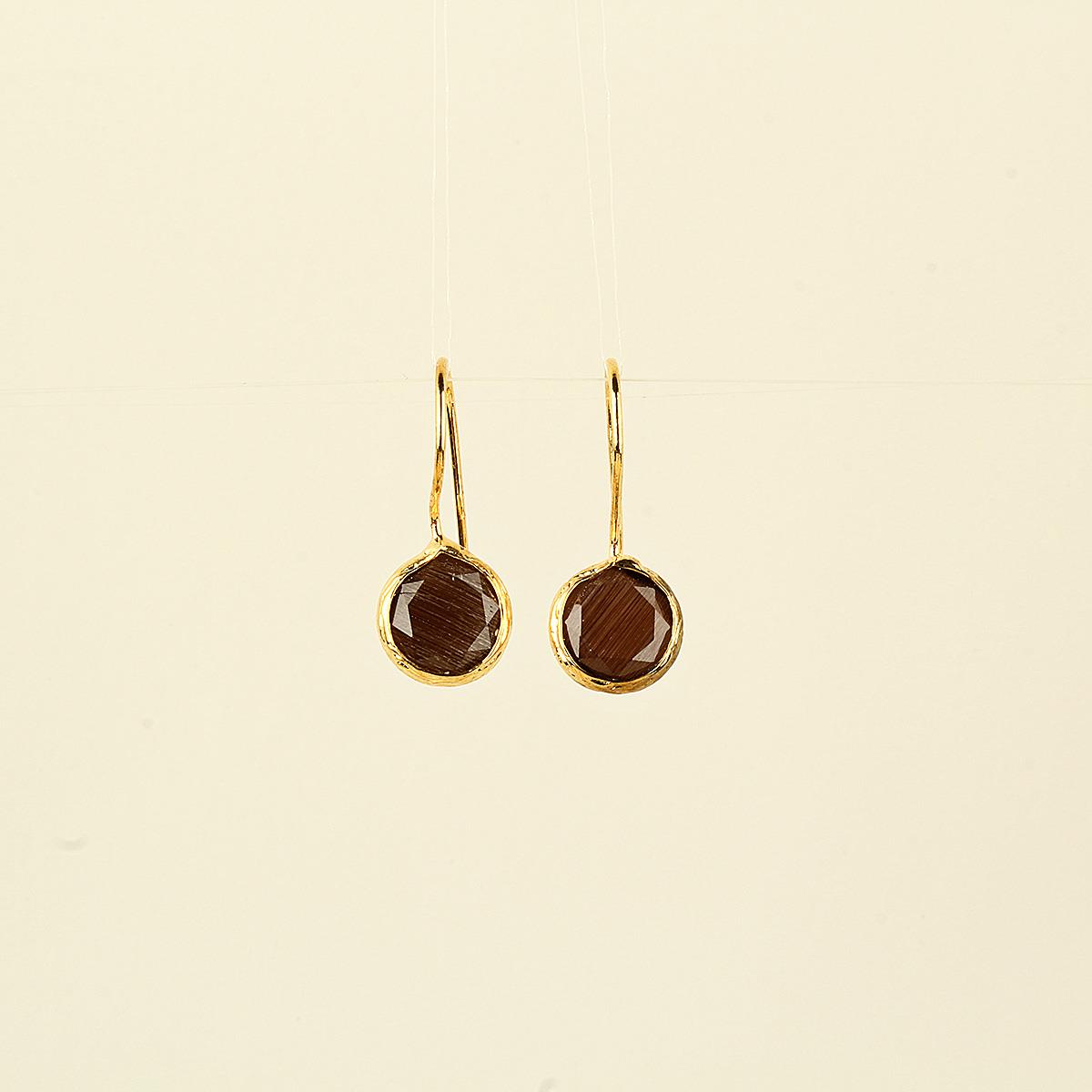 Brown Cats Eye Stone Round Hook Earring