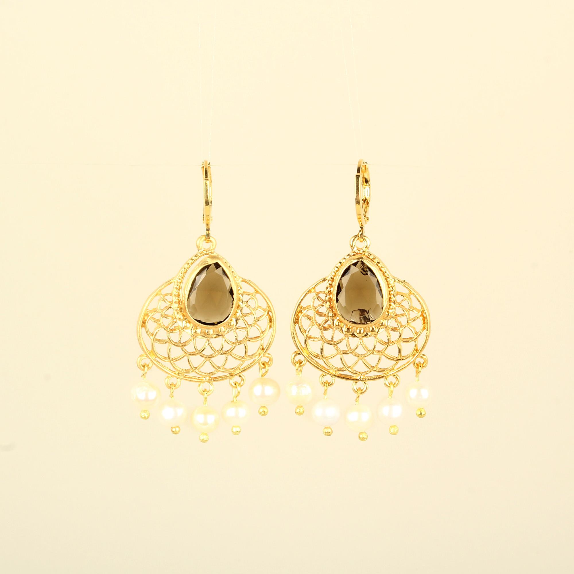 Brown Glass Stone Pearl Dangle Ethical Metal Earrings