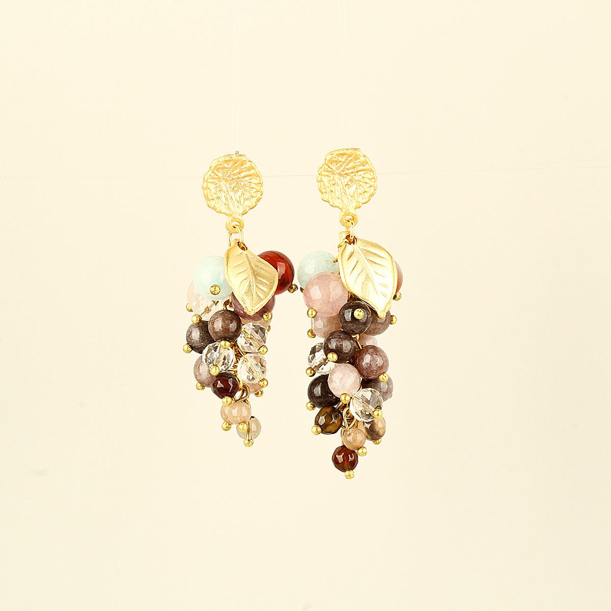 Brown Natural Stone and Crystal Embellised Grape Earrings