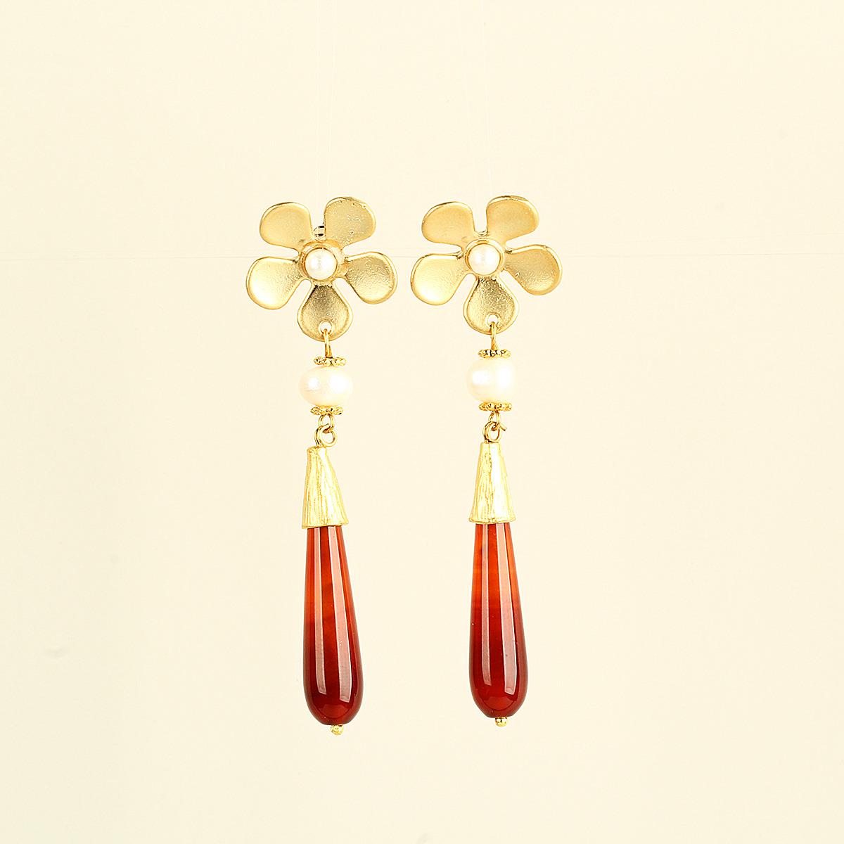 Brown Natural Stone&Pearl Daisy Earrings