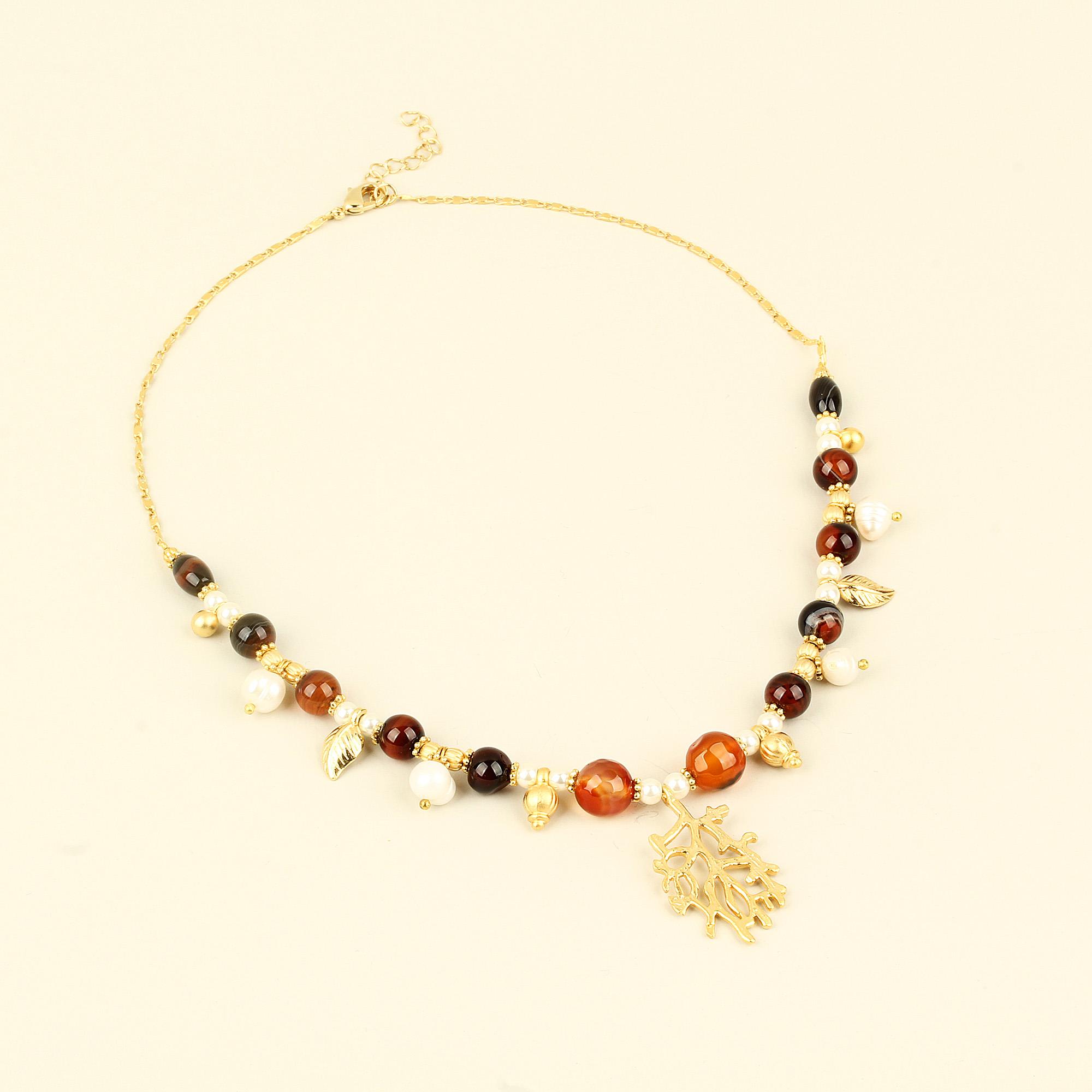 Brown Natural Stones Pearl Detailed Coral Necklace