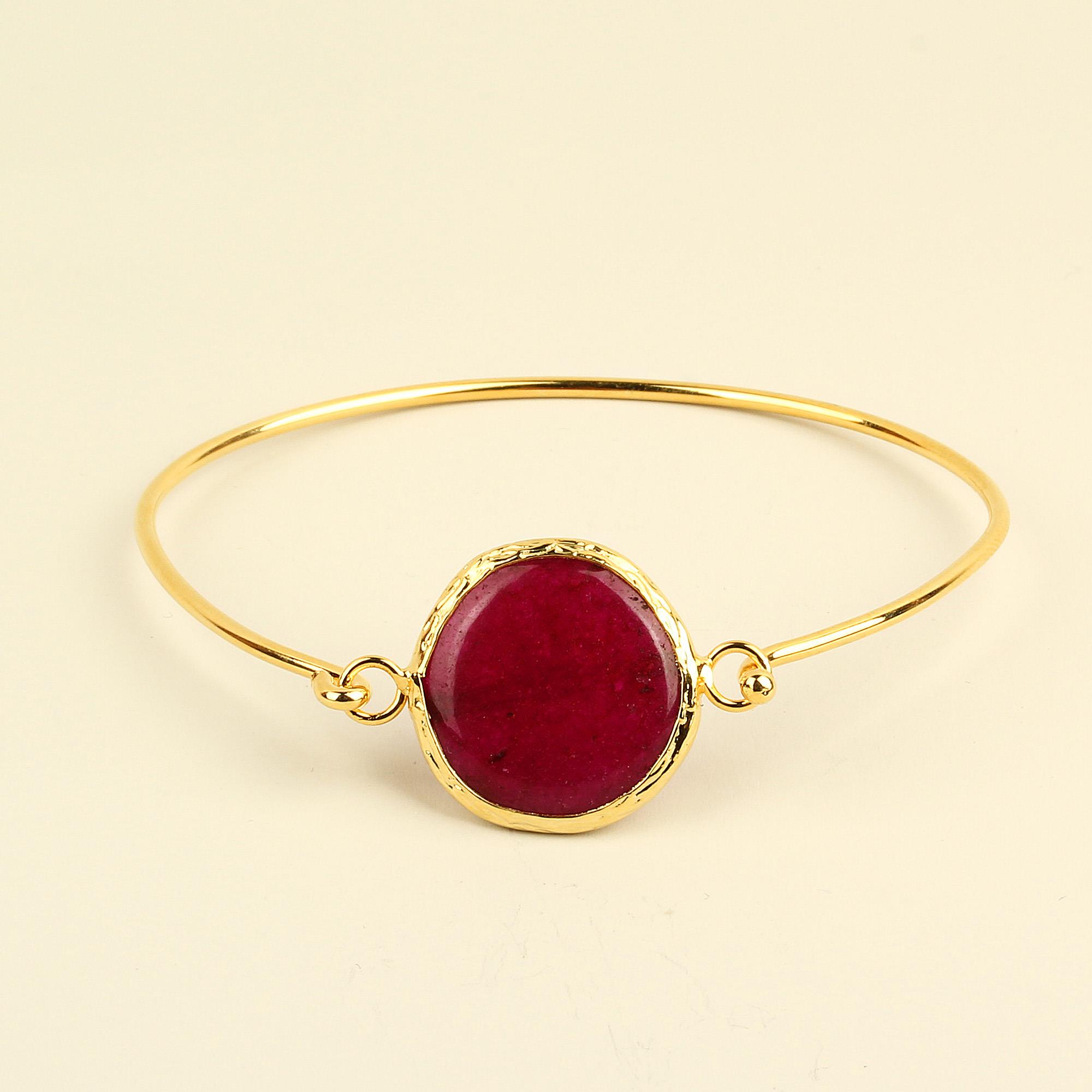 Burgundy Natural Stone Round Metal Bracelet