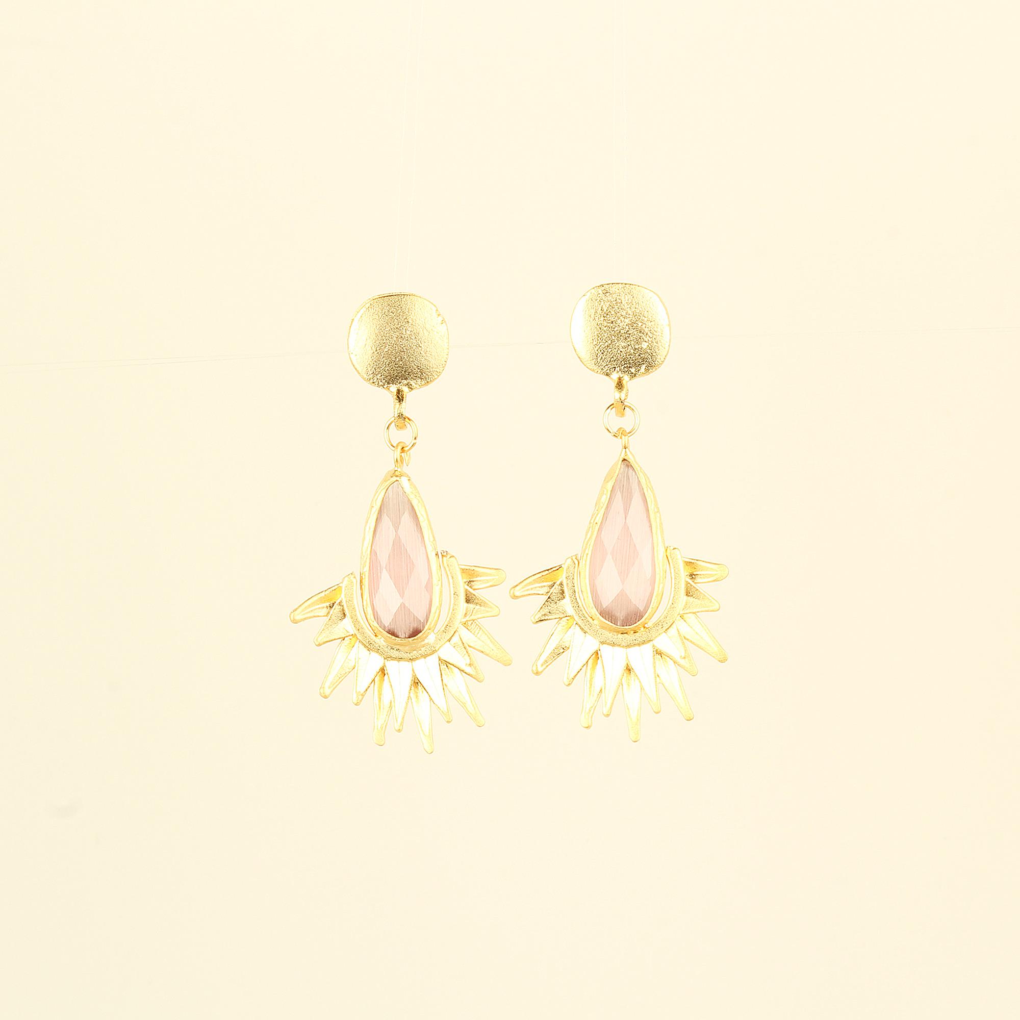 Candy Pink Cat Eye Stone Sunray Earrings