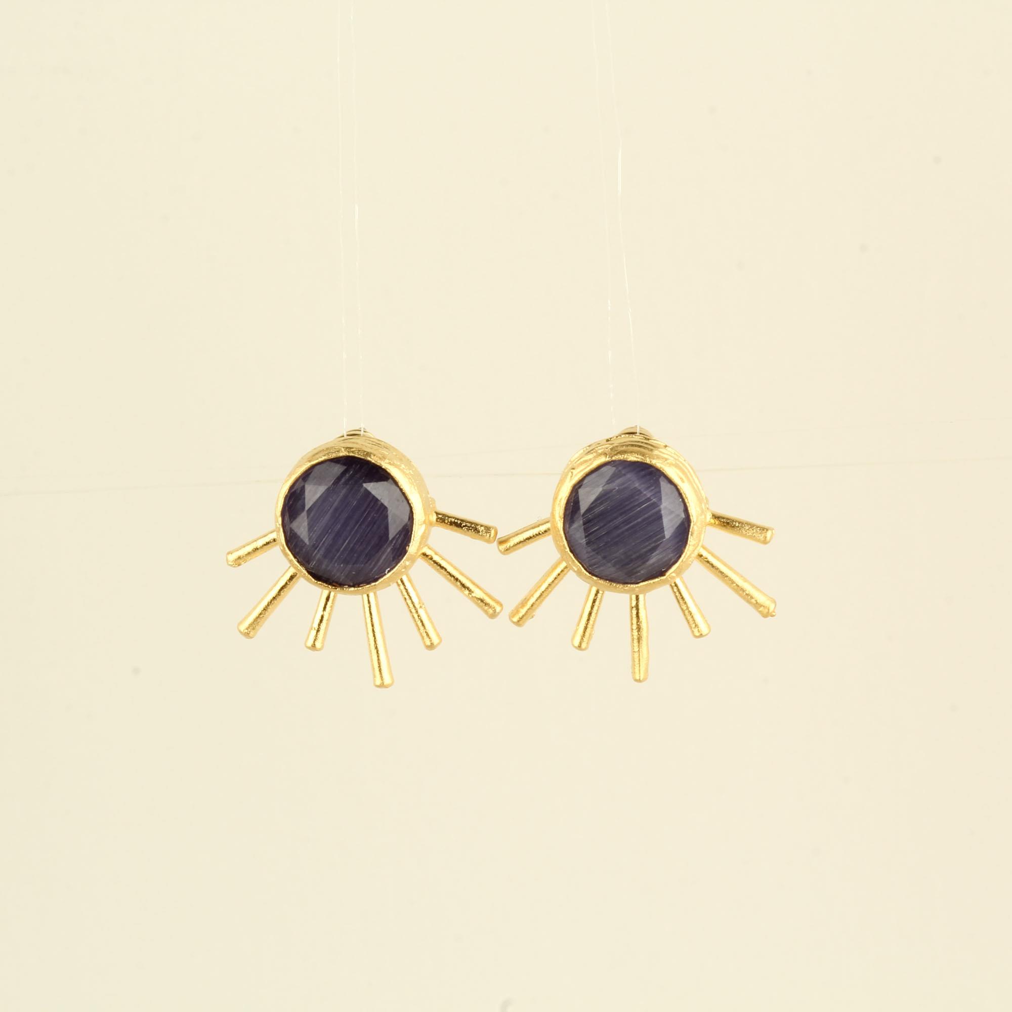Dark Blue Cats Eye Stone Sun Ray Round Stud Earrings