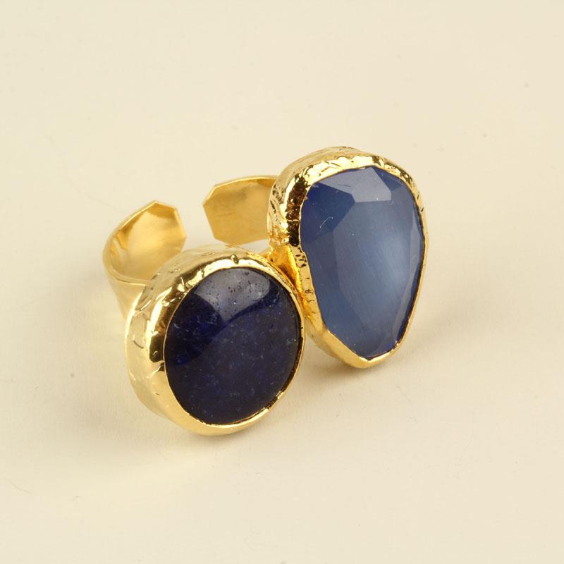 Dark Blue Quartz & Navy Blue Cats Eye Stone Duo Ring
