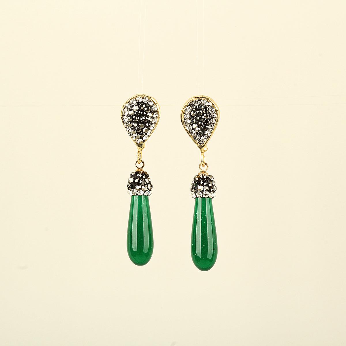 Dark Green Beaded Earrings With Zircon Stone