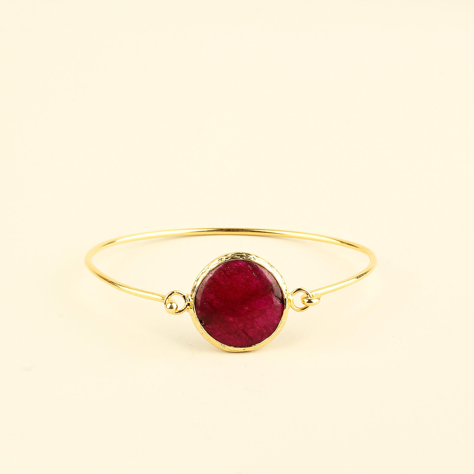 Dark Pink Natural Stone Round Metal Bracelet