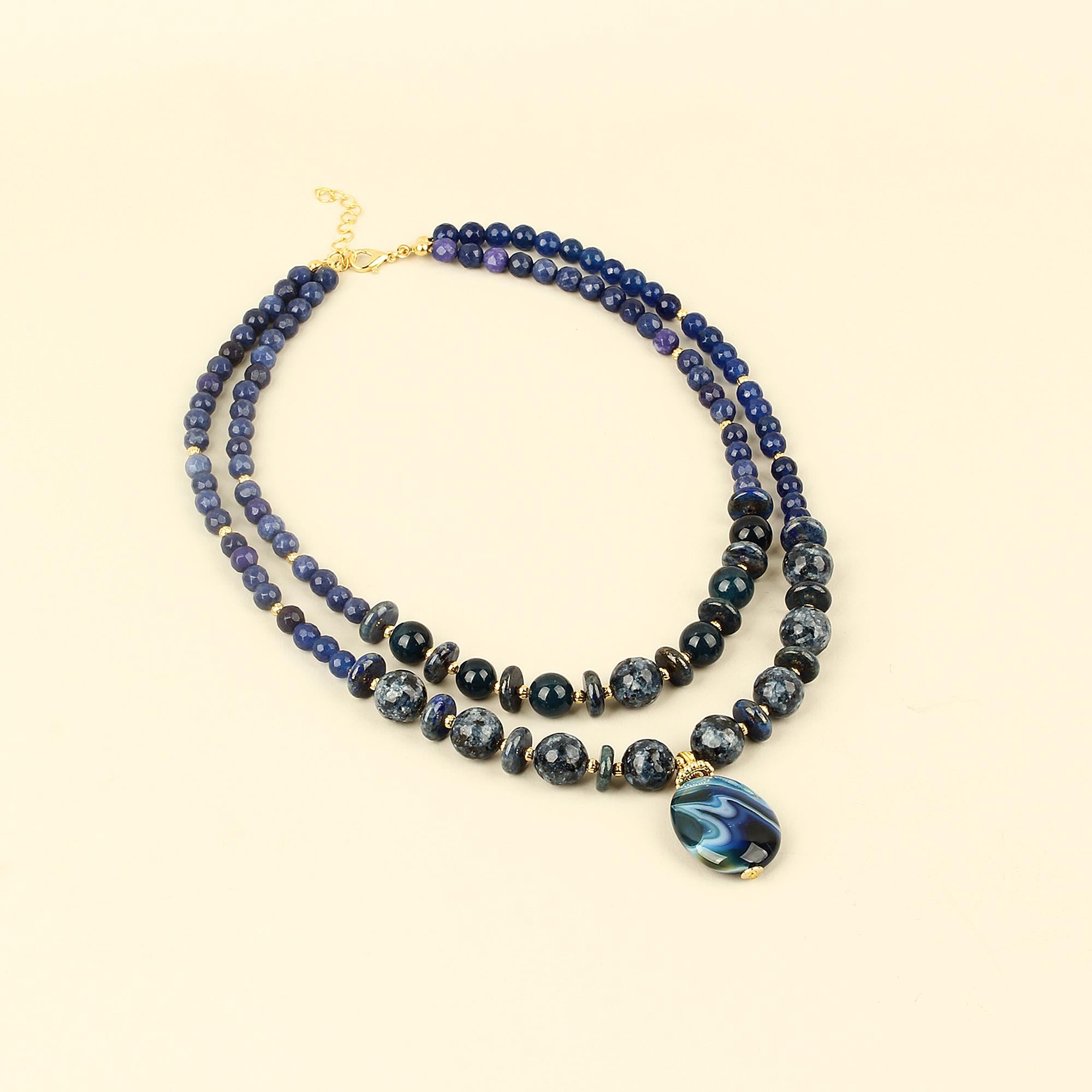 Deep Blue Natural Stones Double Layer Necklace