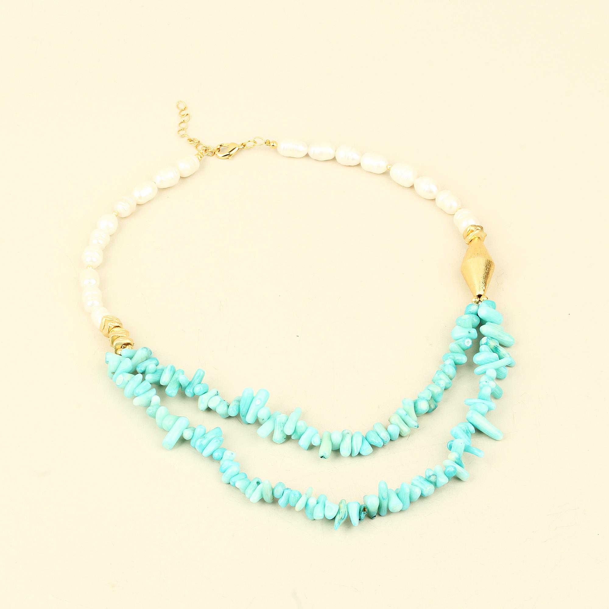 Double Layer Blue Coral and Pearl Necklace