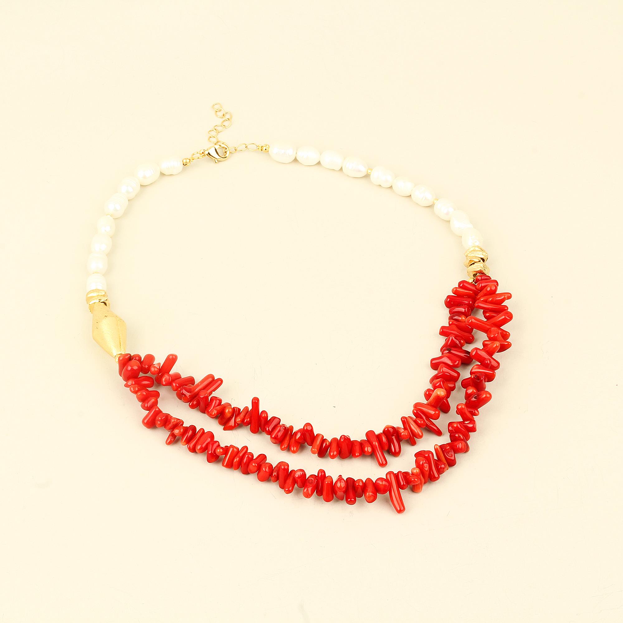 Double Layer Coral and Pearl Necklace