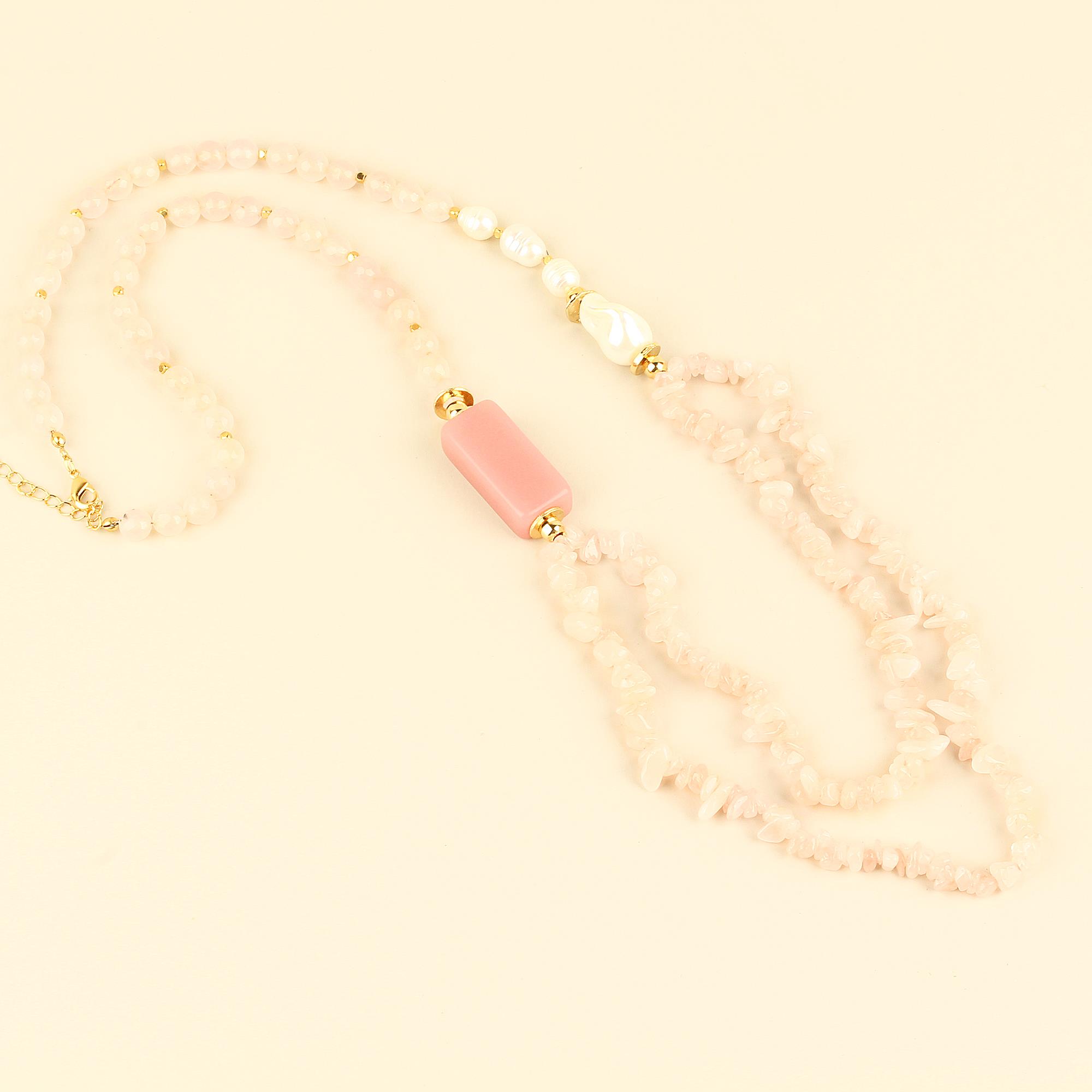 Double Layer Pearl Detailed Rosequartz Stone Necklace