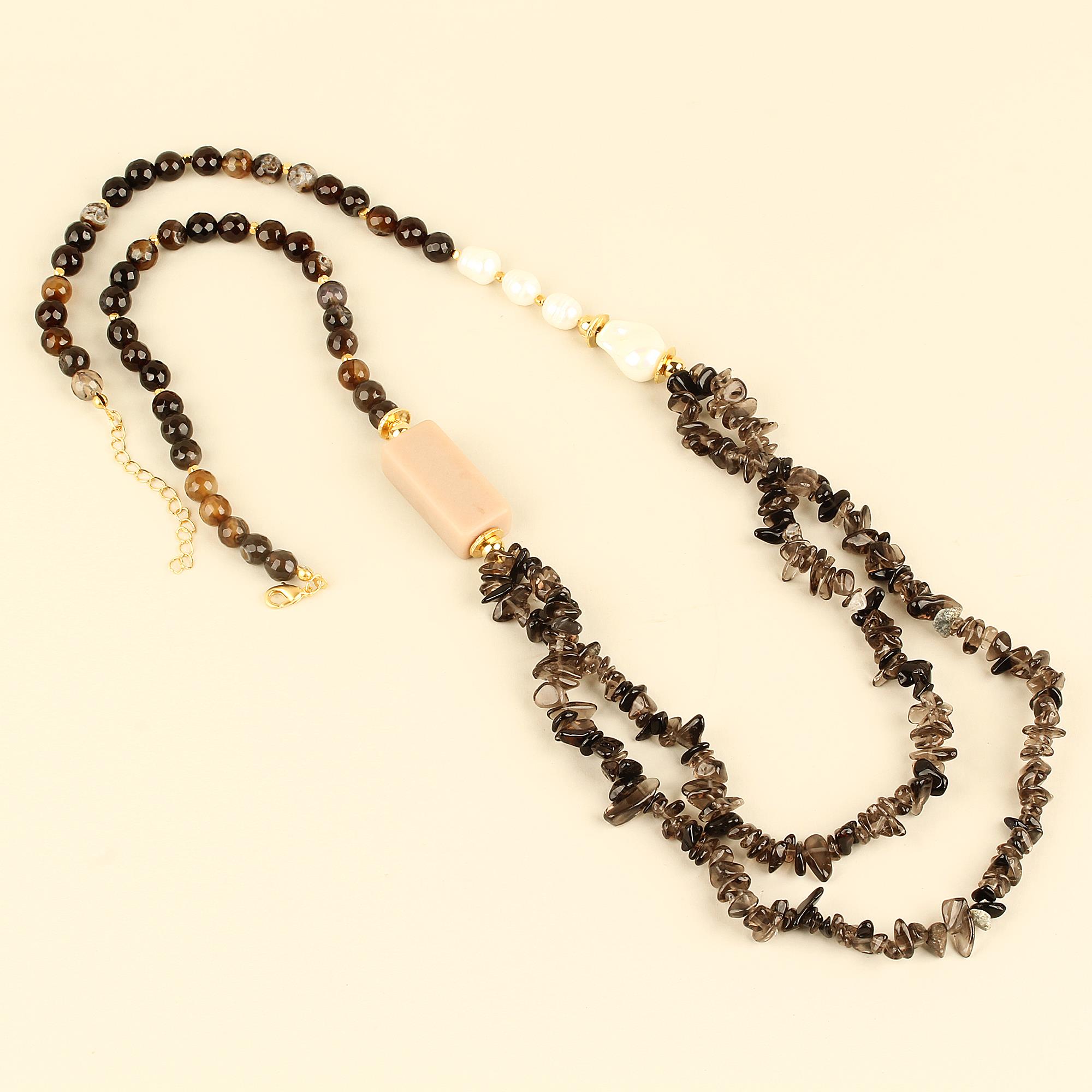 Double Layer Pearl Detailed Smokyquartz Stone Necklace