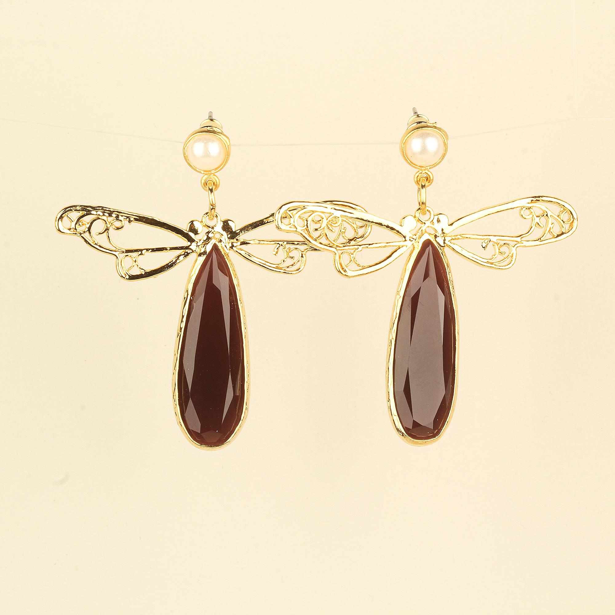 Dragonfly Earrings with Brown Cat Eye Stone Earrings