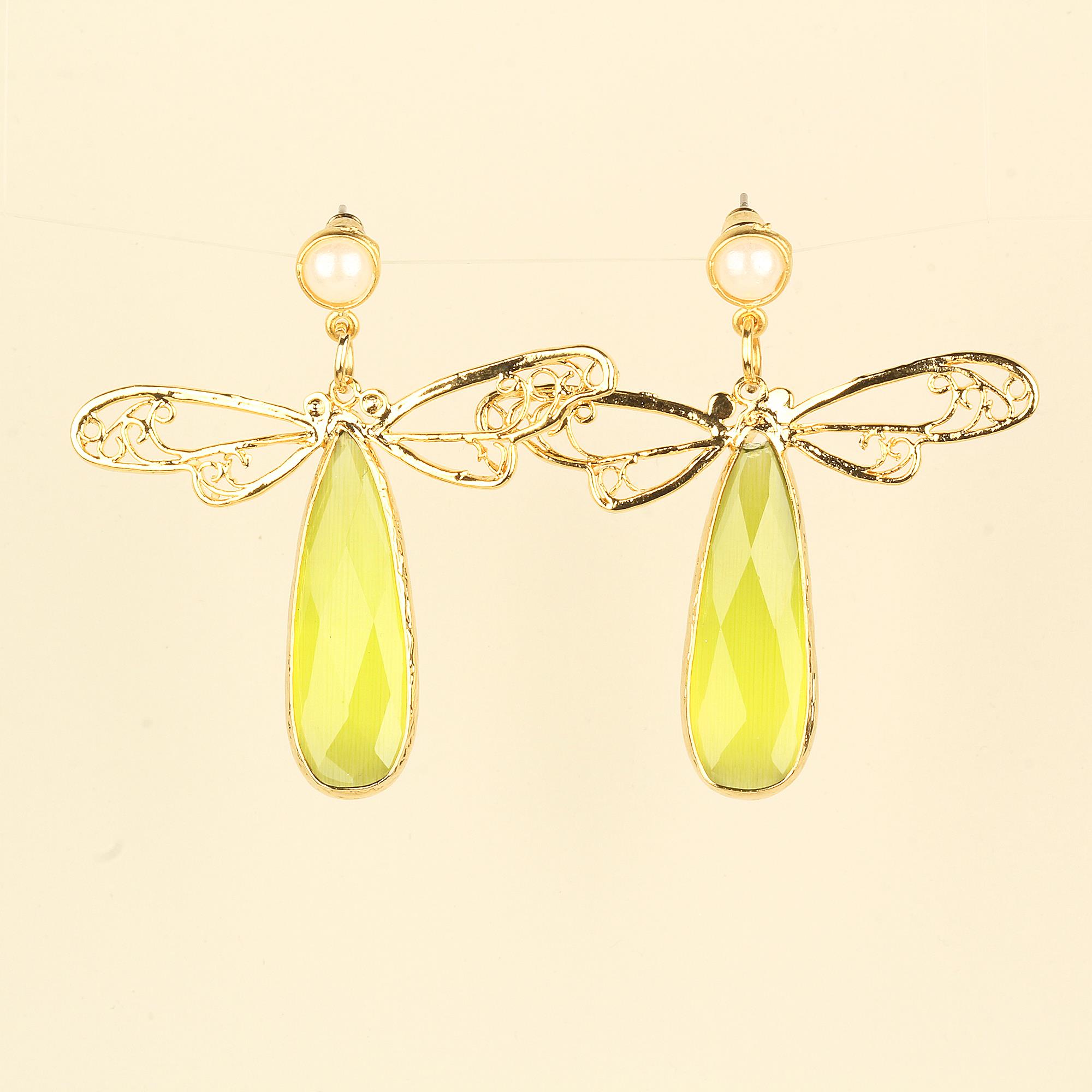 Dragonfly Earrings with Green Cat Eye Stone Earrings