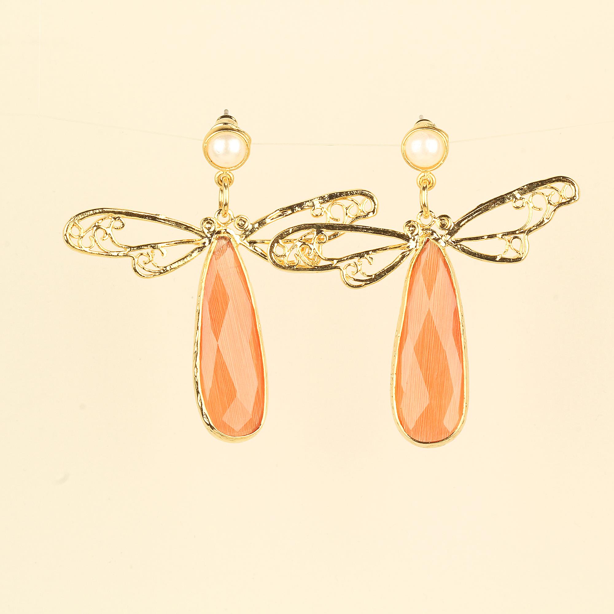 Dragonfly Earrings with Orange Cat Eye Stone Earrings