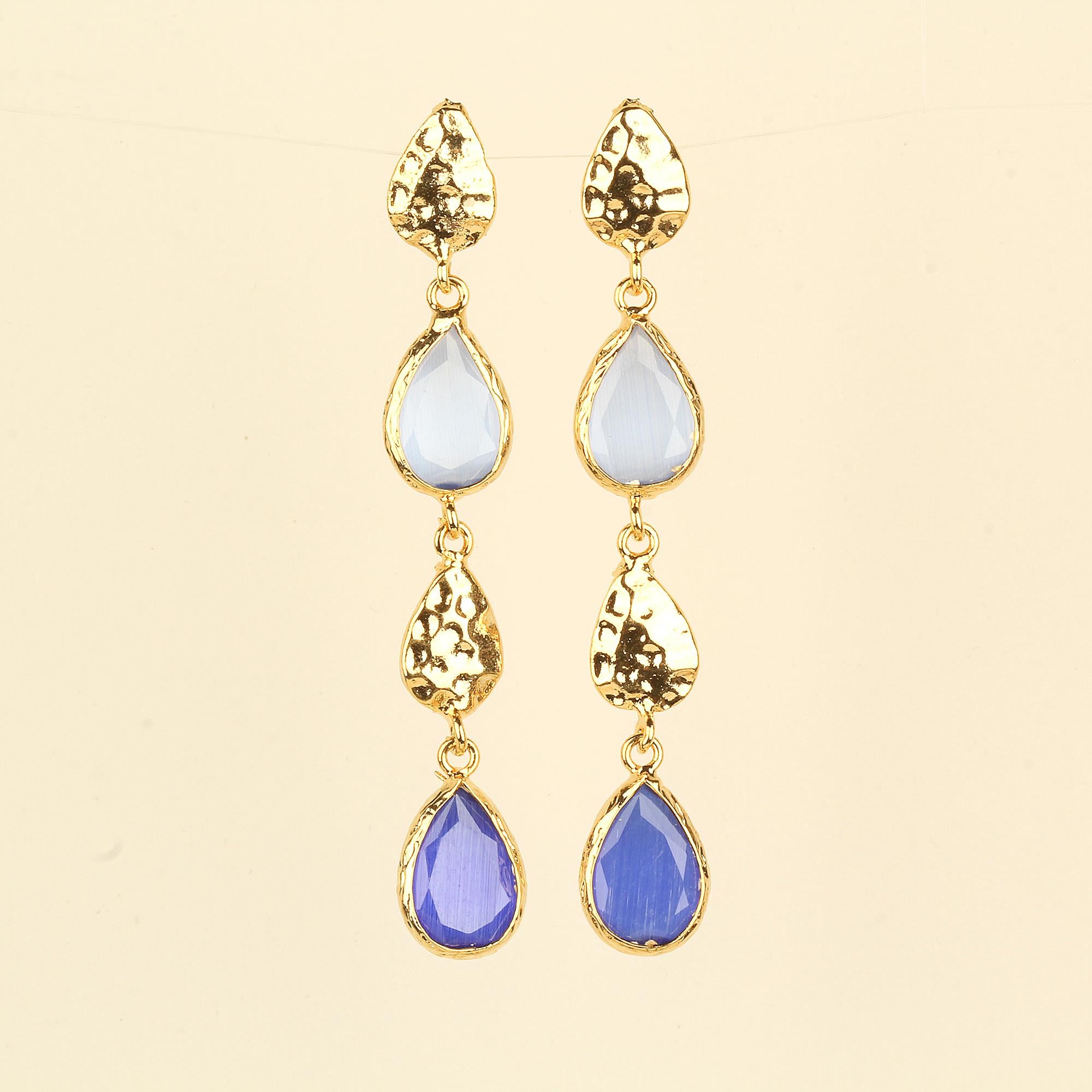 Drop Dangle Double Blue Cat Eye Earrings