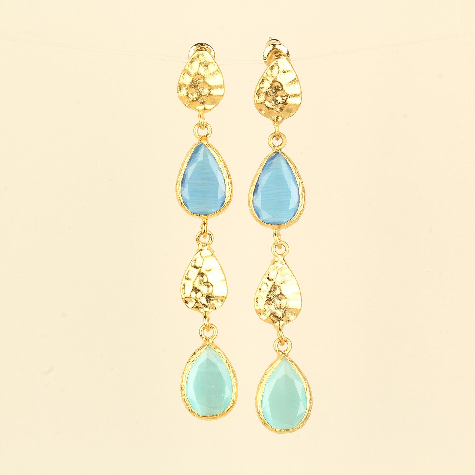 Drop Dangle Double Blue Cat Eye Earrings