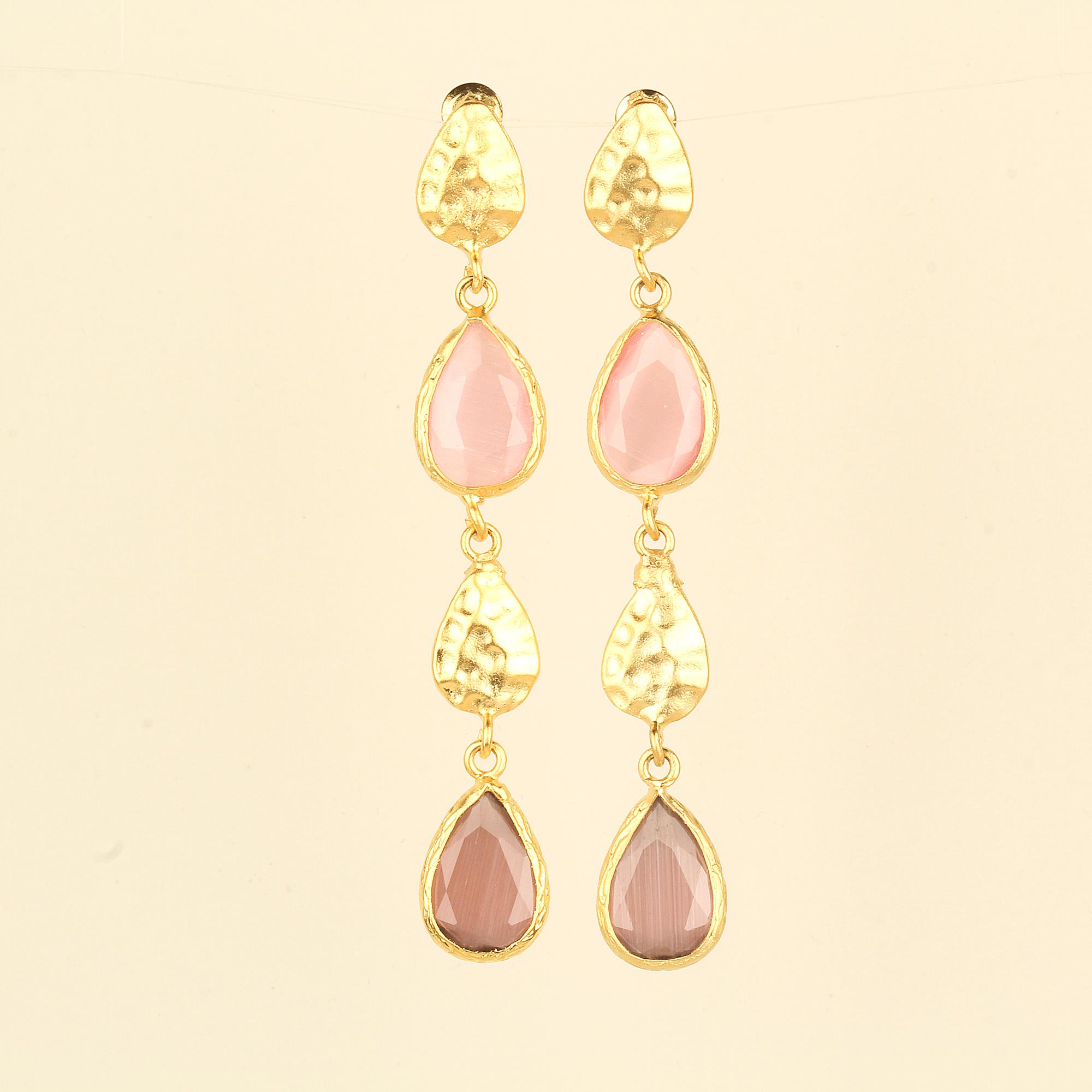 Drop Dangle Double Pink Cat Eye Earrings