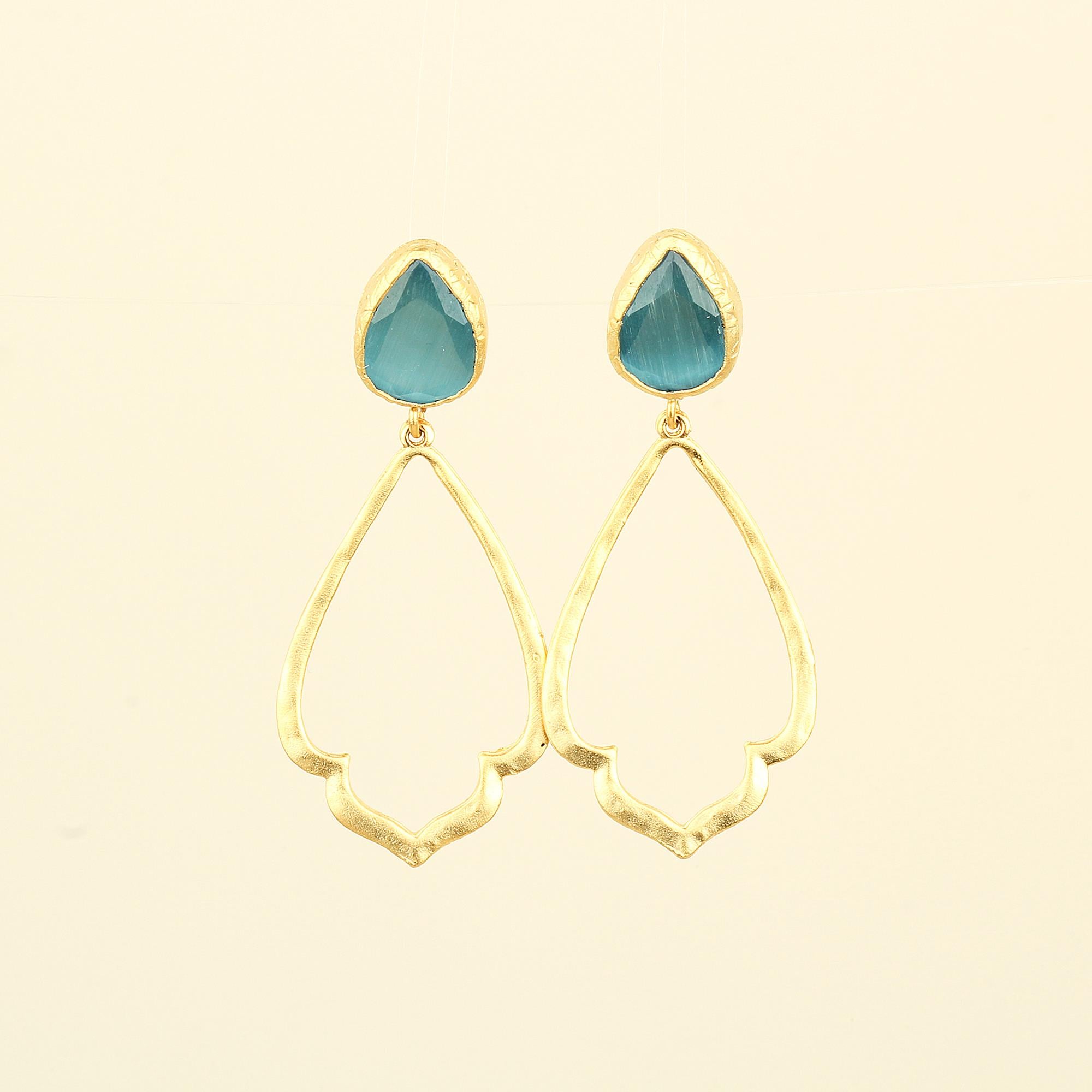 Drop Dangle Earrings With Blue Cat Eye Stone