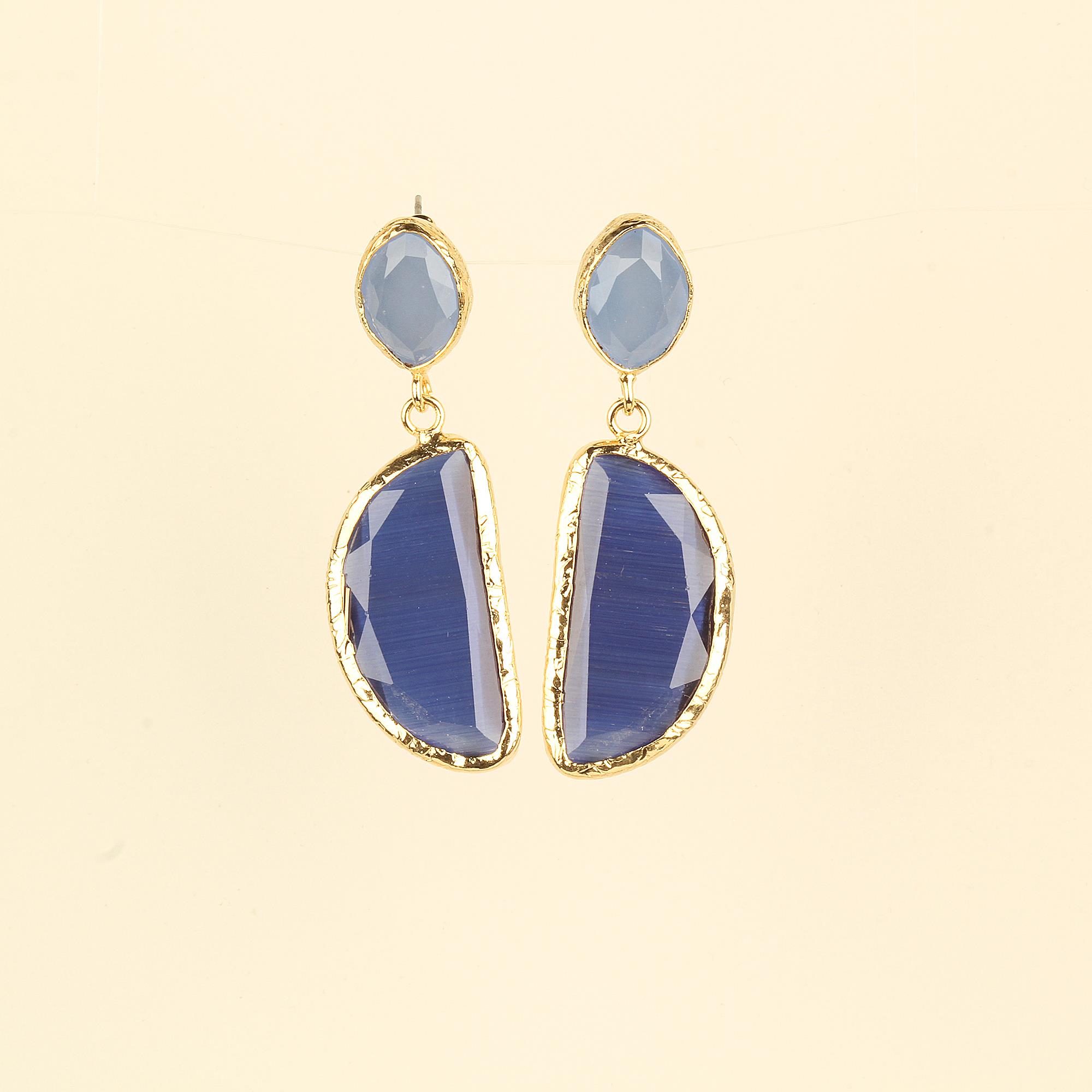 Duo Deep Blue Cats Eye Stud Earrings