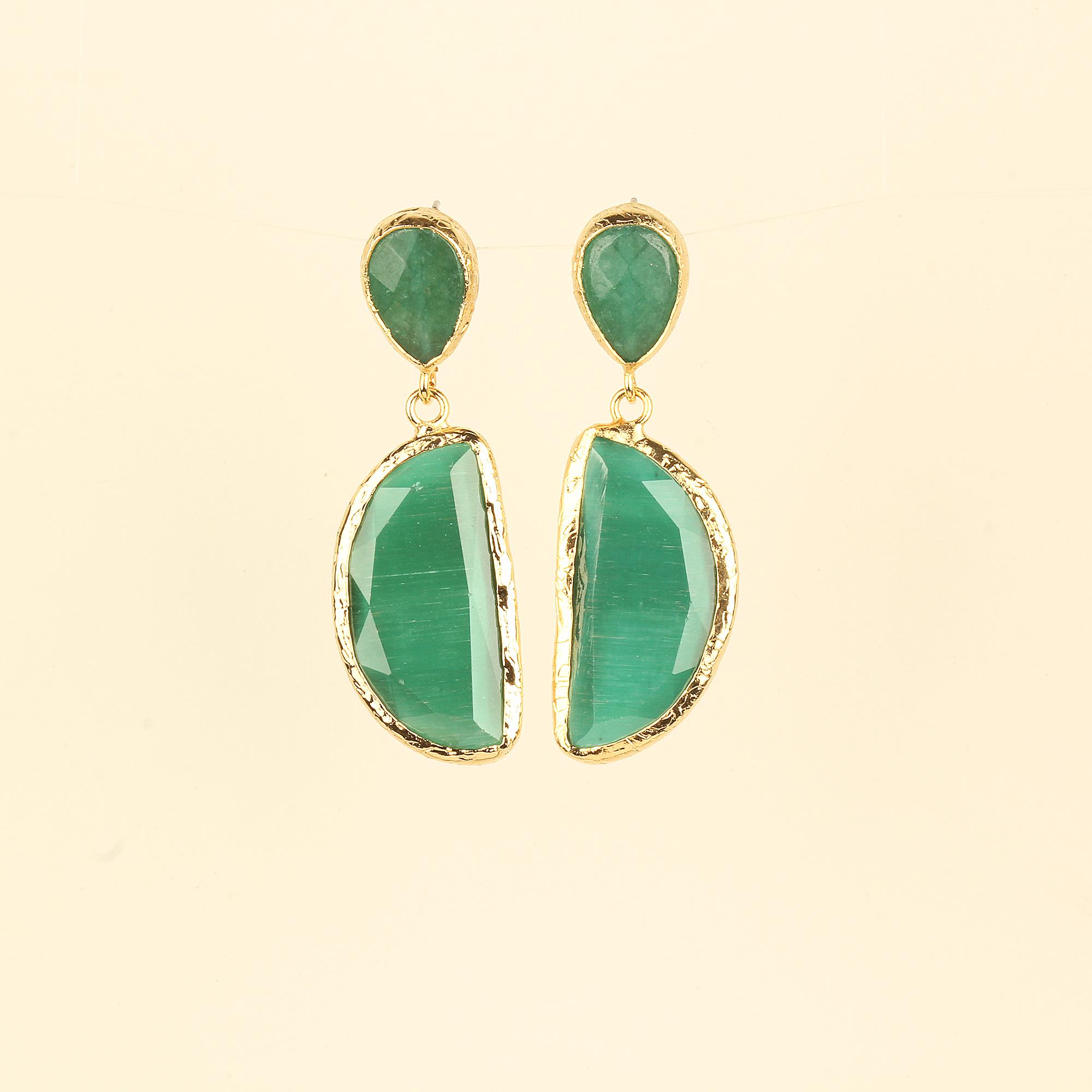 Duo Green Cats Eye Stud Earrings