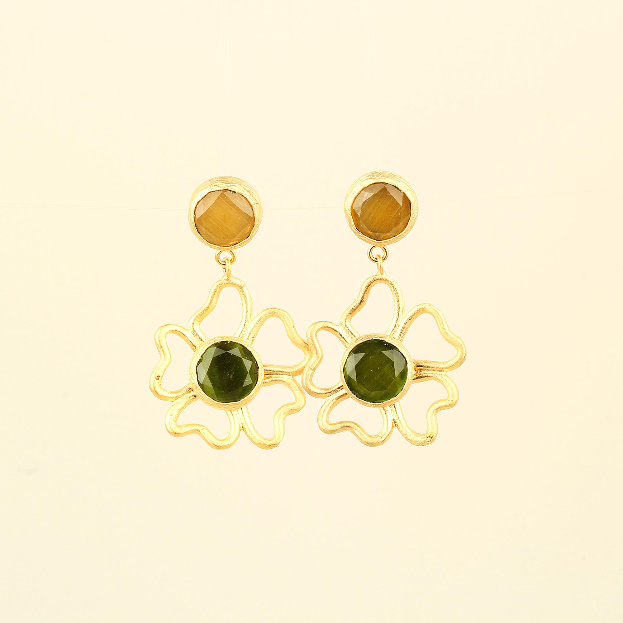 Duo Green&Yellow Natural Stone Flower Earrings