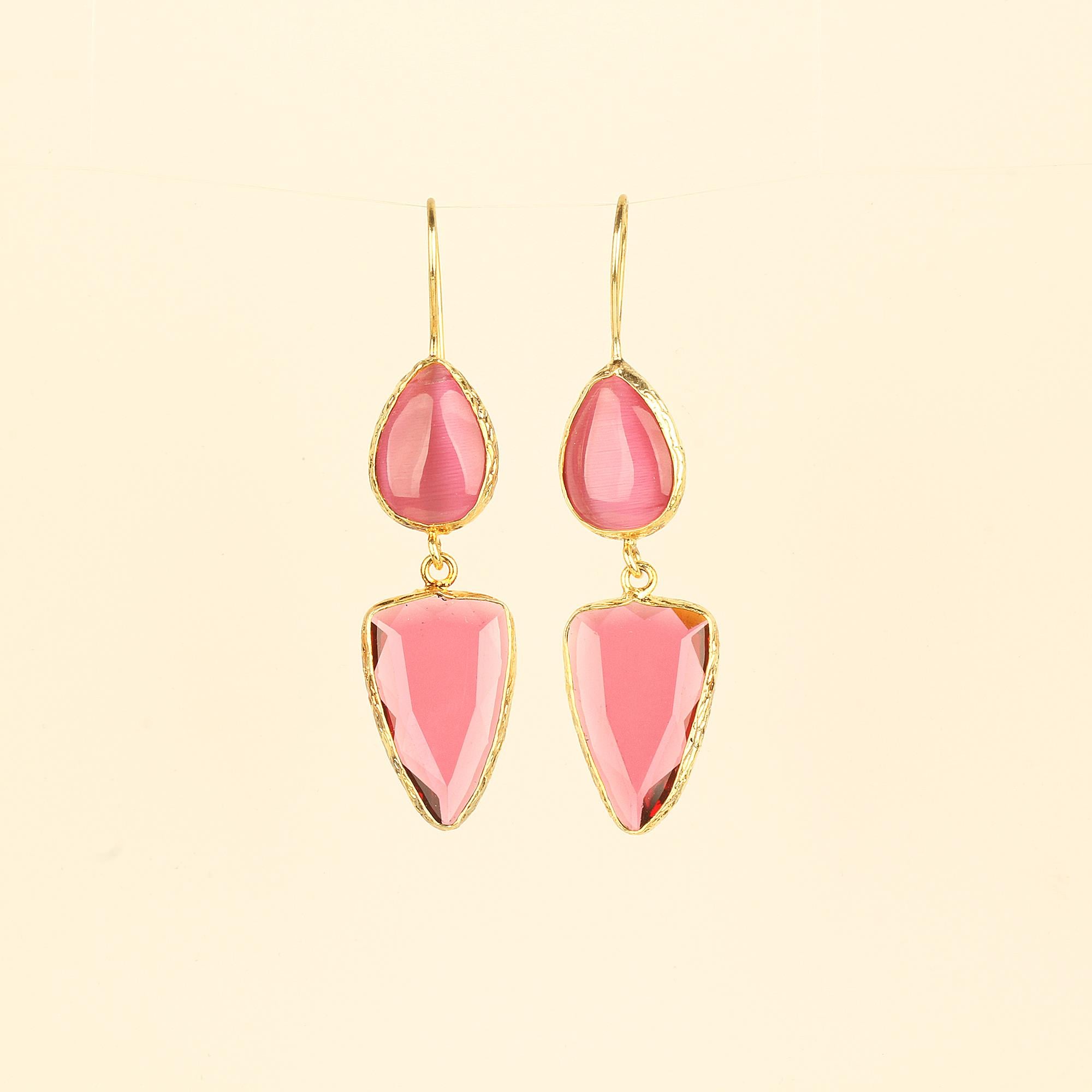 Duo Pink Cats Eye Hook Earrings