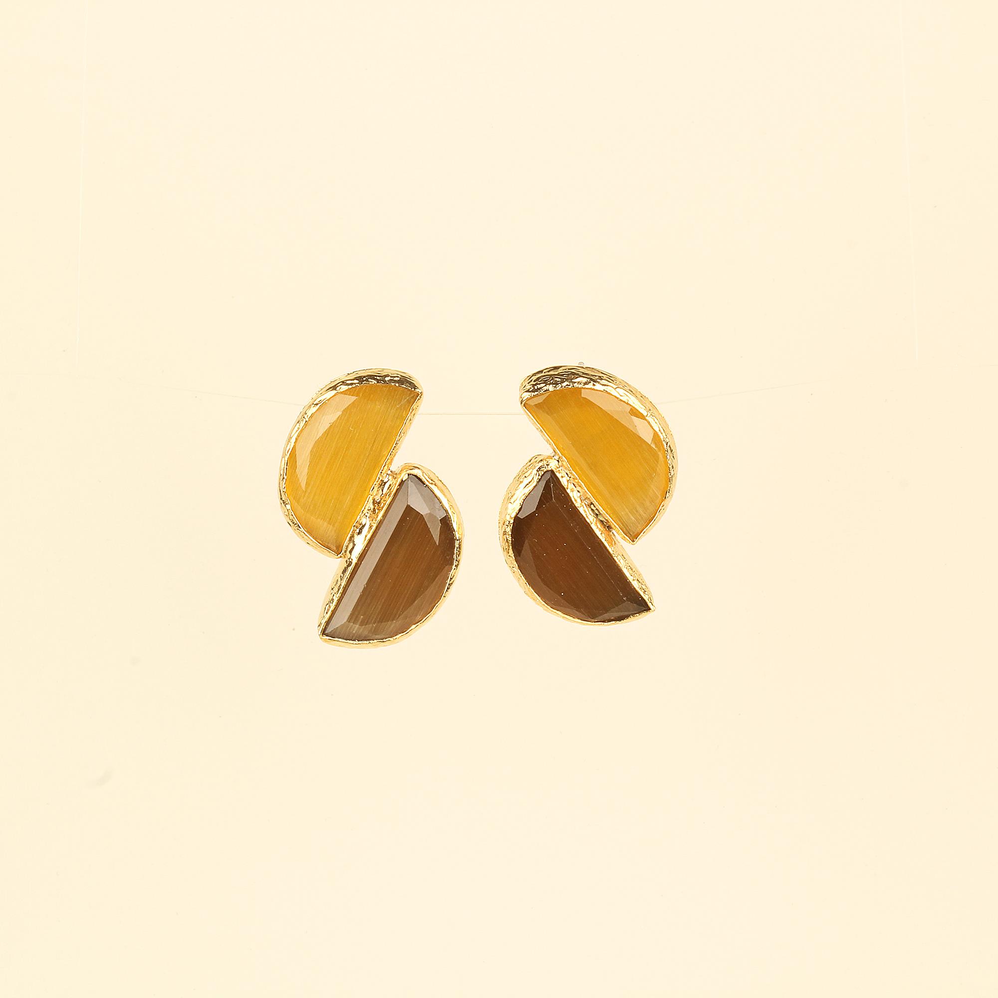 Duo Yellow-Brown Cats Eye Earrings
