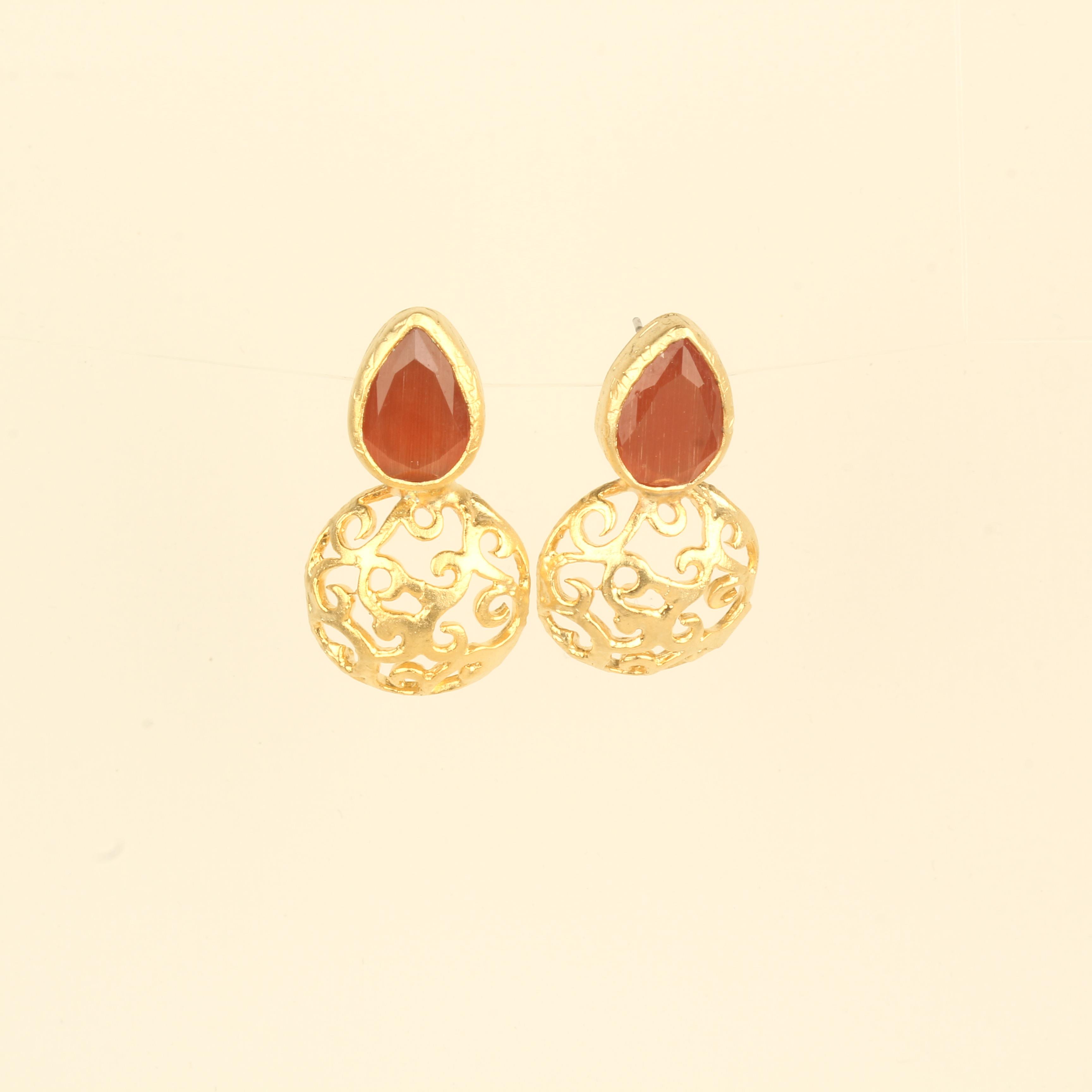 Ethnic Pattern Orange Cat Eye Stone Earrings