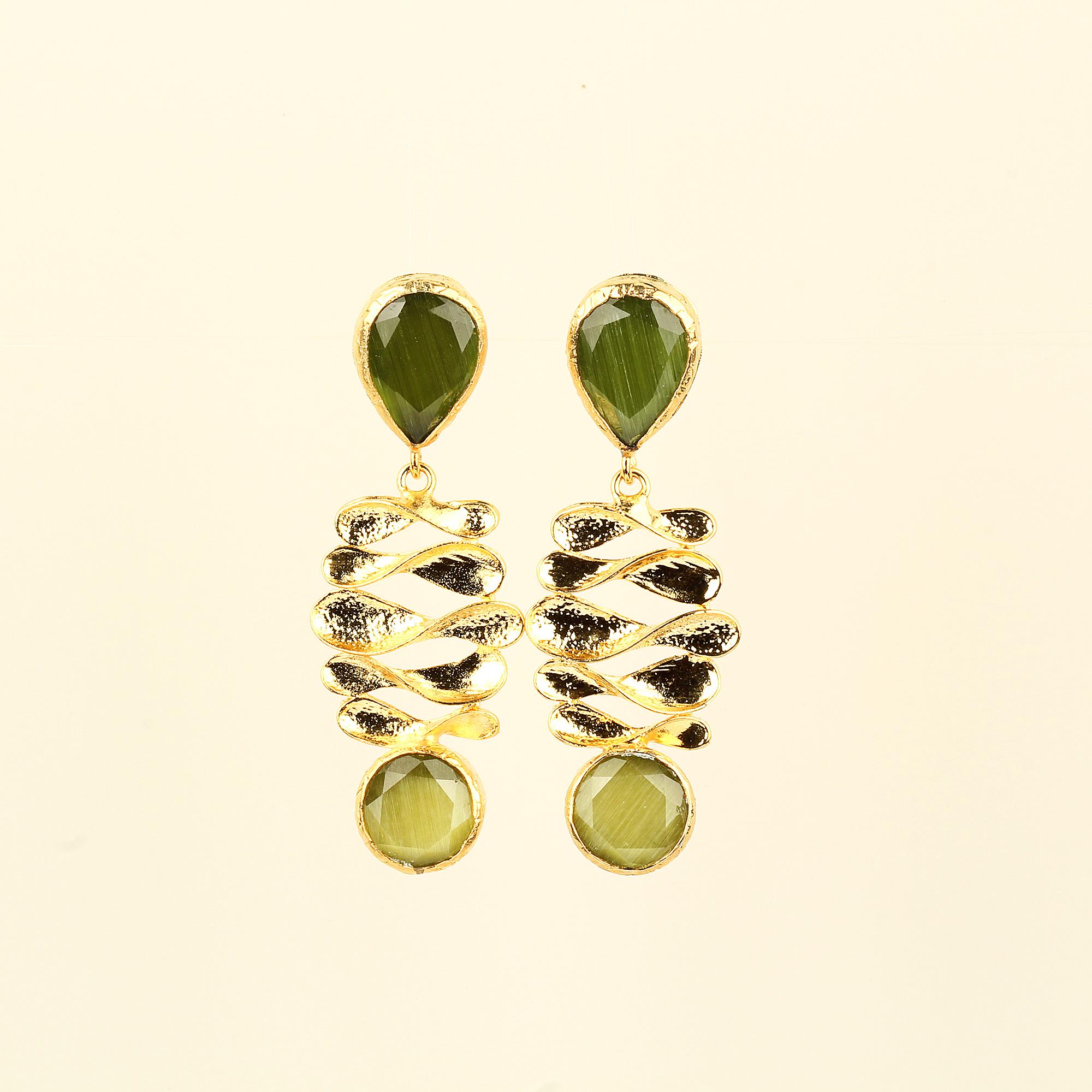 Green Cat Eye Lotus Leaf Earrings