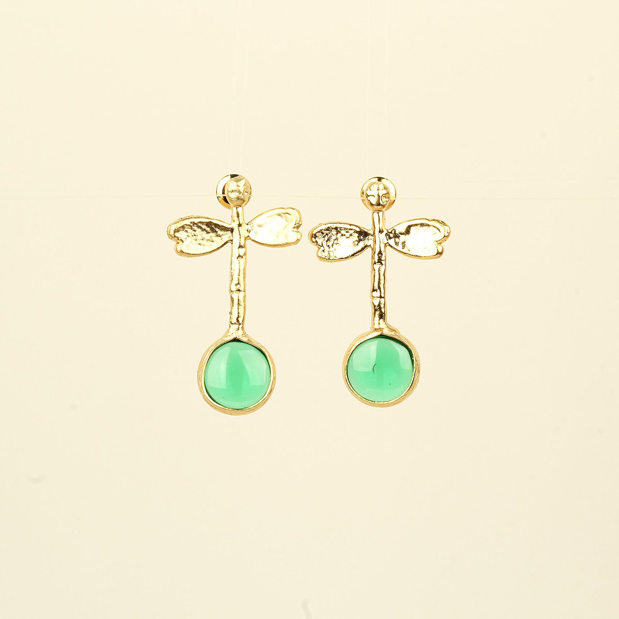 Green Glass Bead Dragonfly Earrings