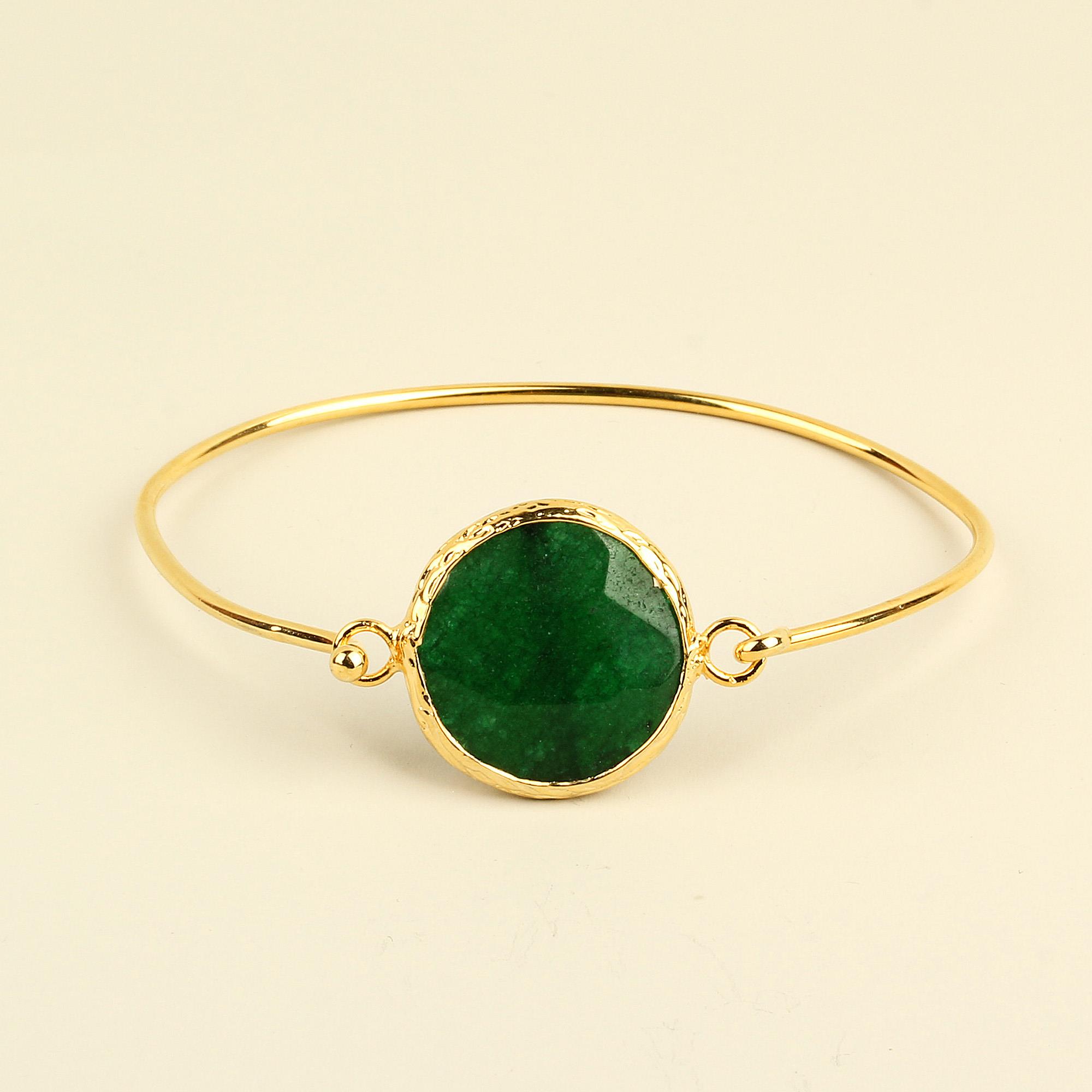 Green Natural Stone Round Metal Bracelet