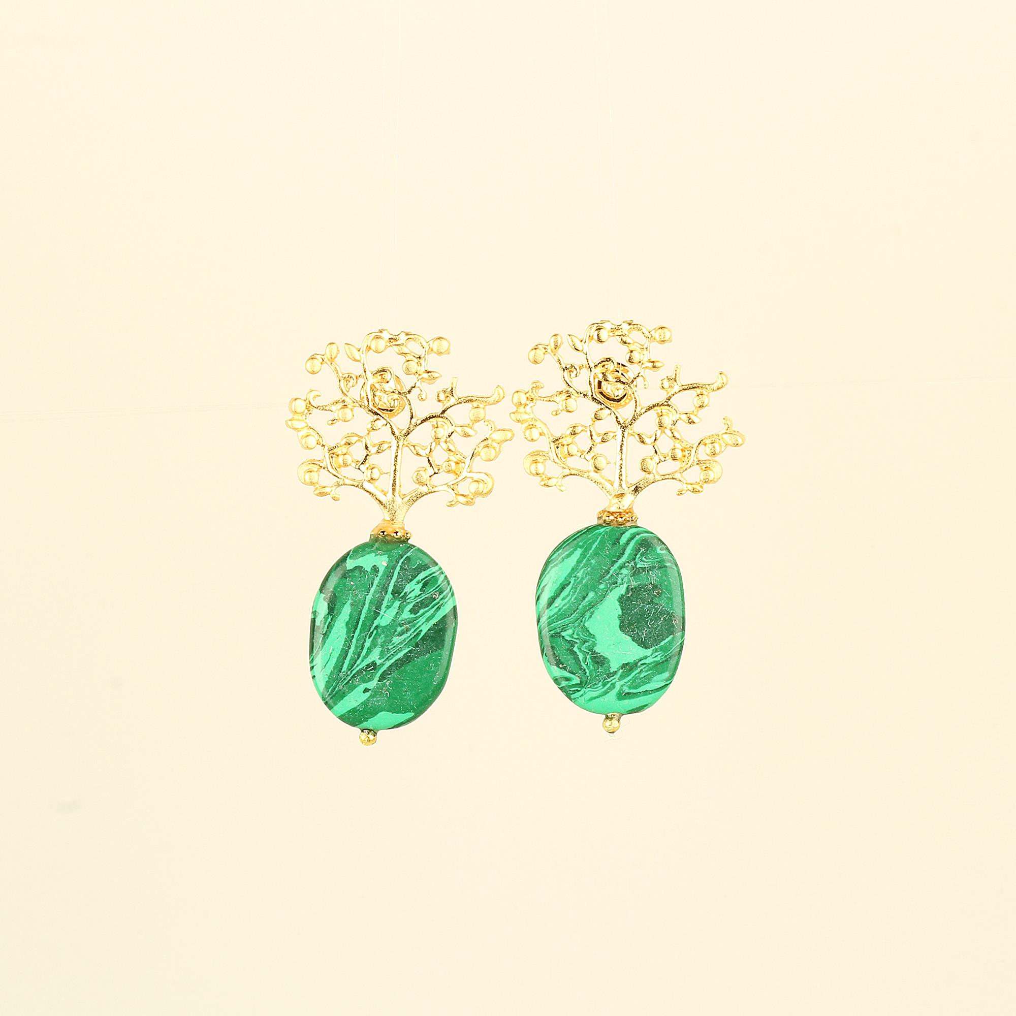 Green Natural Stone Tree Of Life Earrings