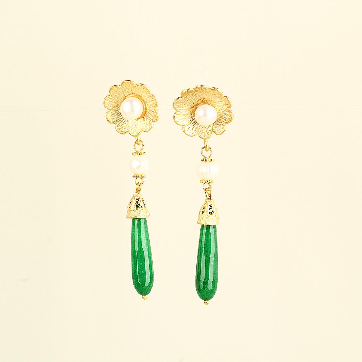 Green Natural Stone&Pearl Daisy Earring