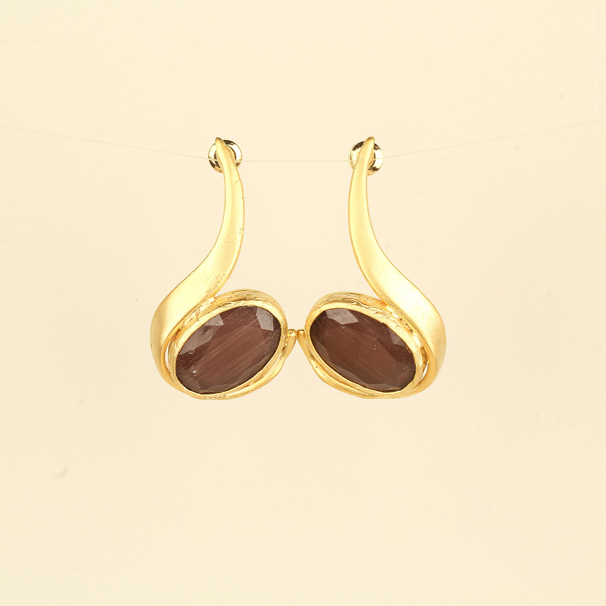 J Earrings with Brown Cat Eye Stone
