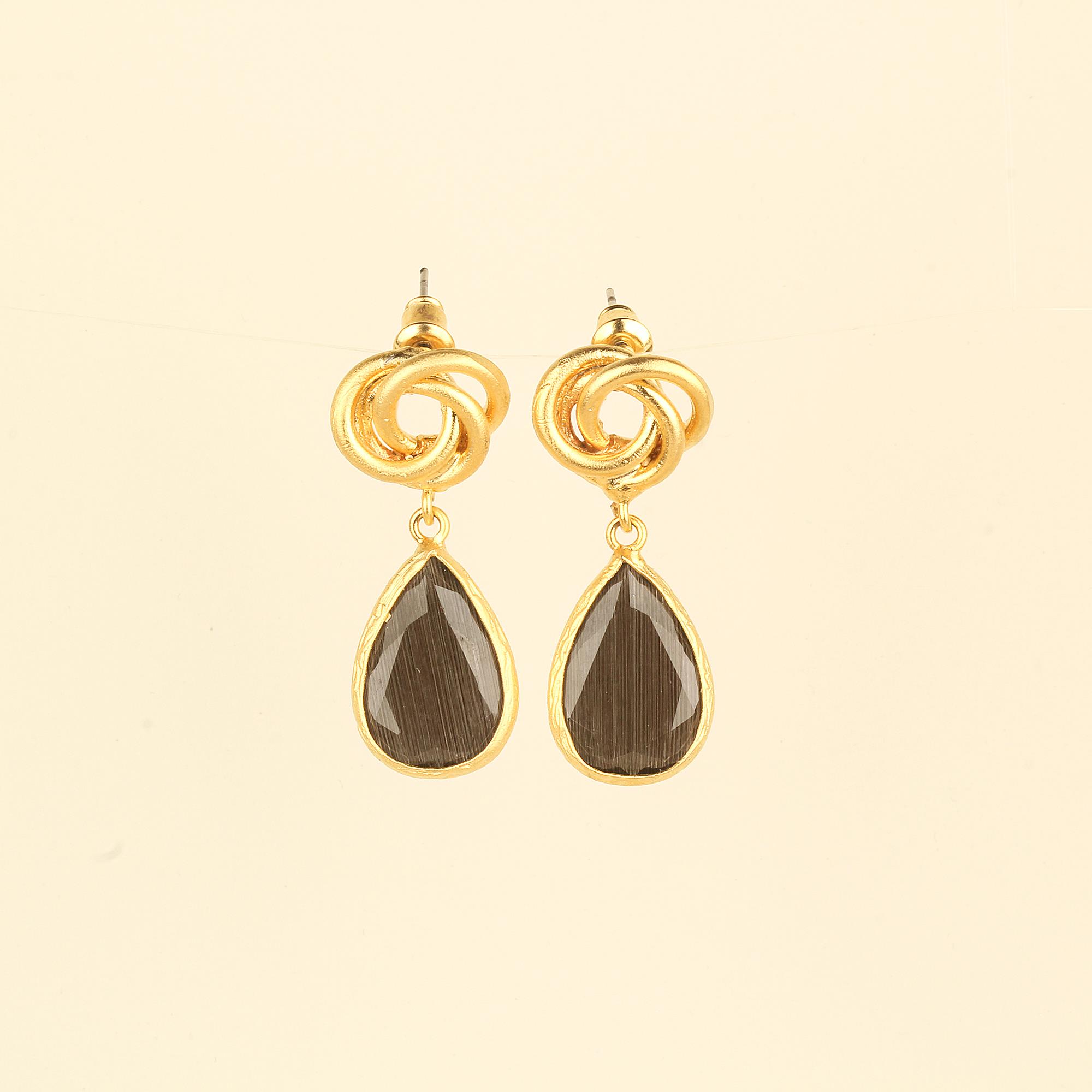 Knot Earrings with Black Cat Eye Stone