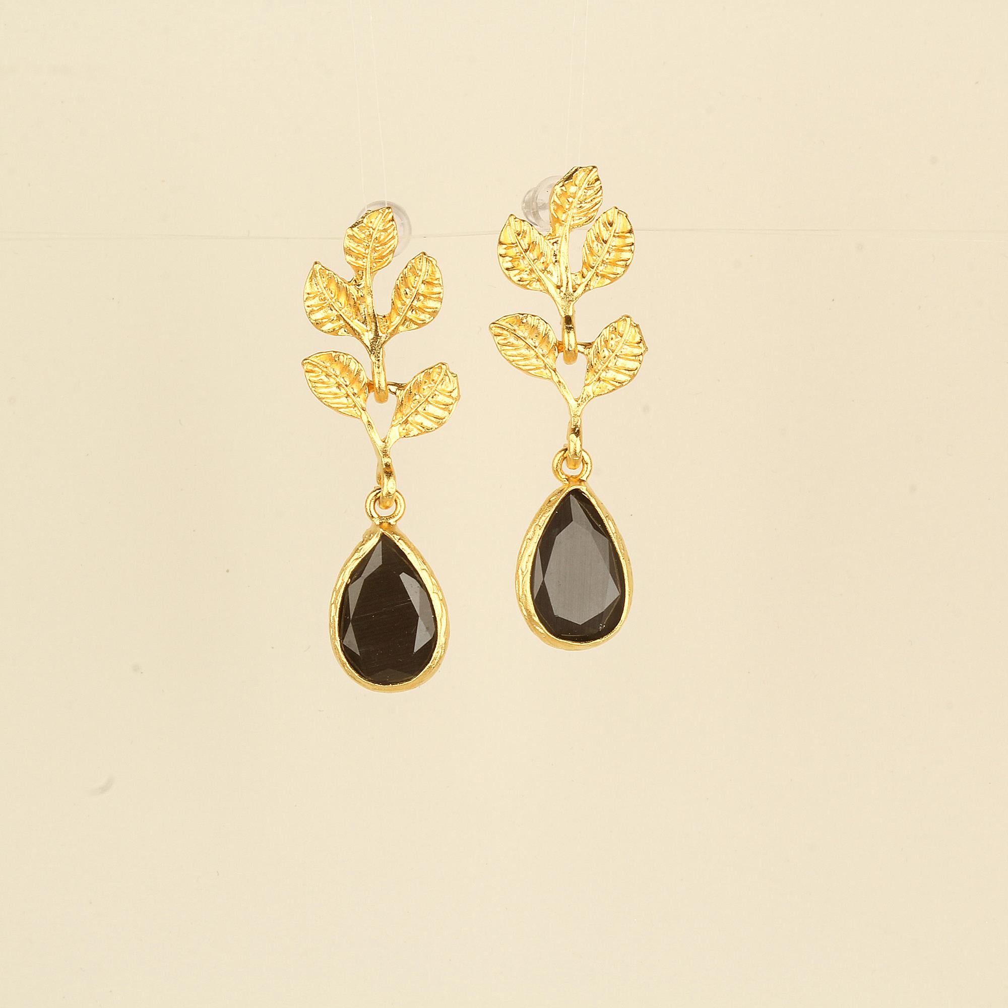 Leaf Black Cat Eye Stone Earrings
