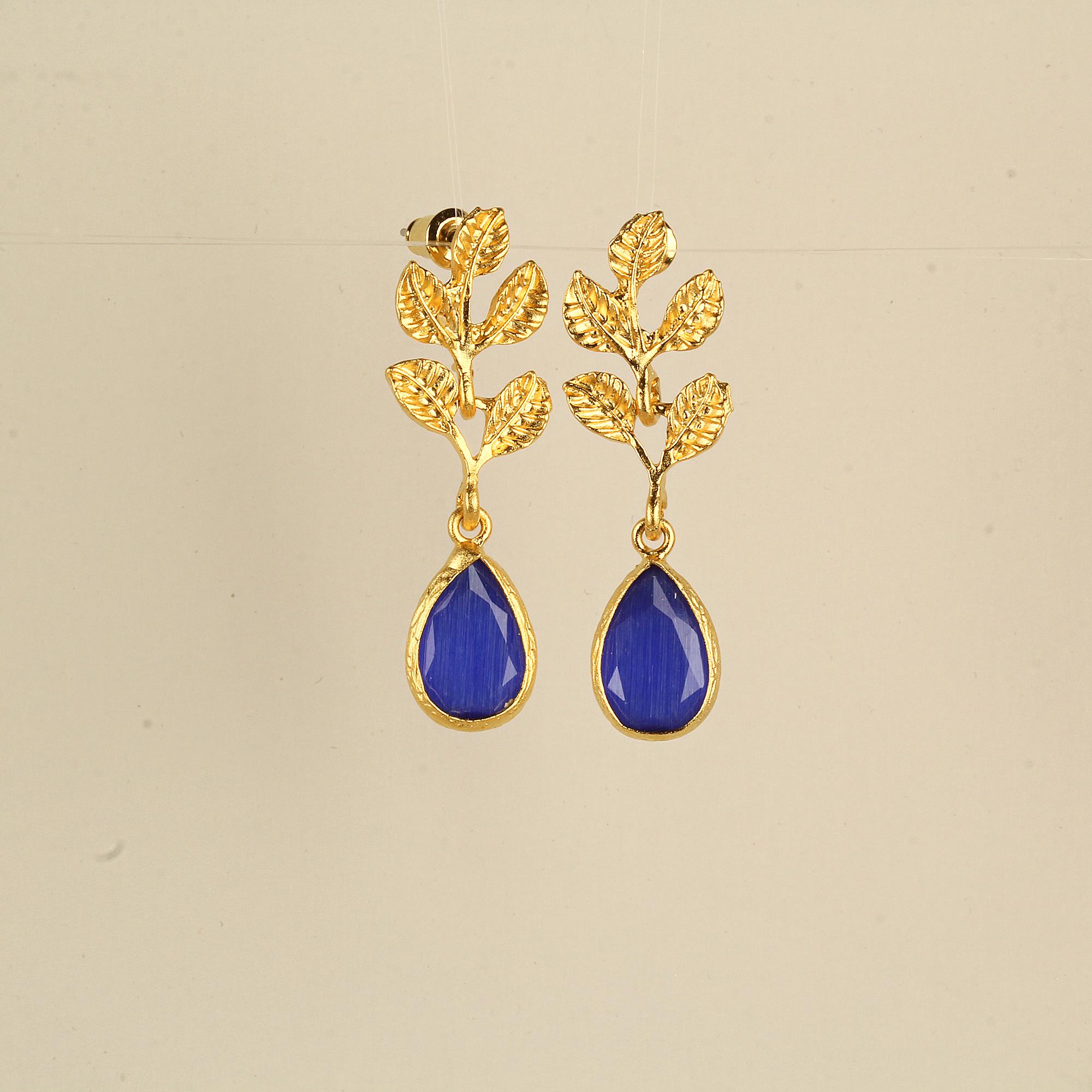 Leaf Blue Cat Eye Stone Earrings
