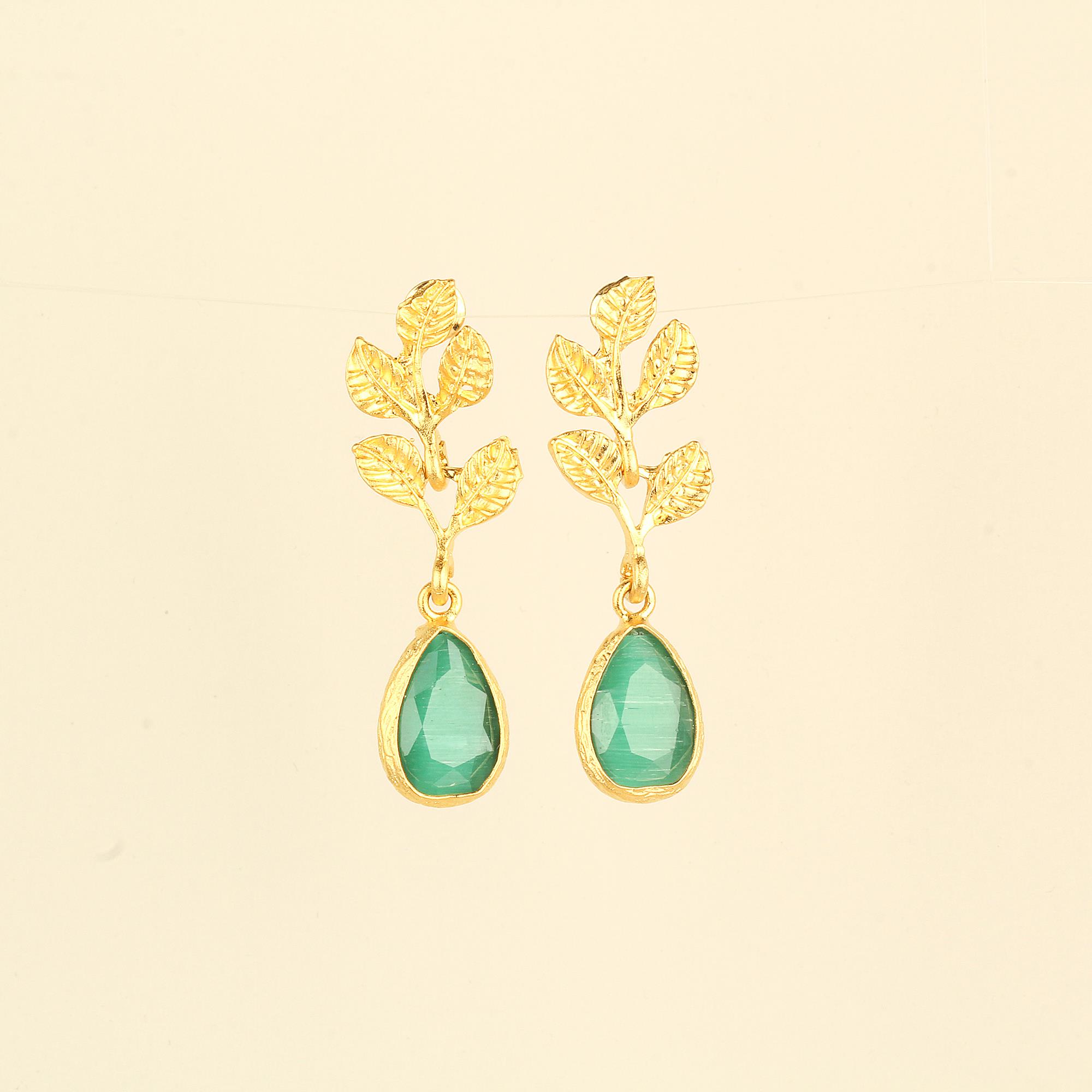 Leaf Green Cat Eye Stone Earrings