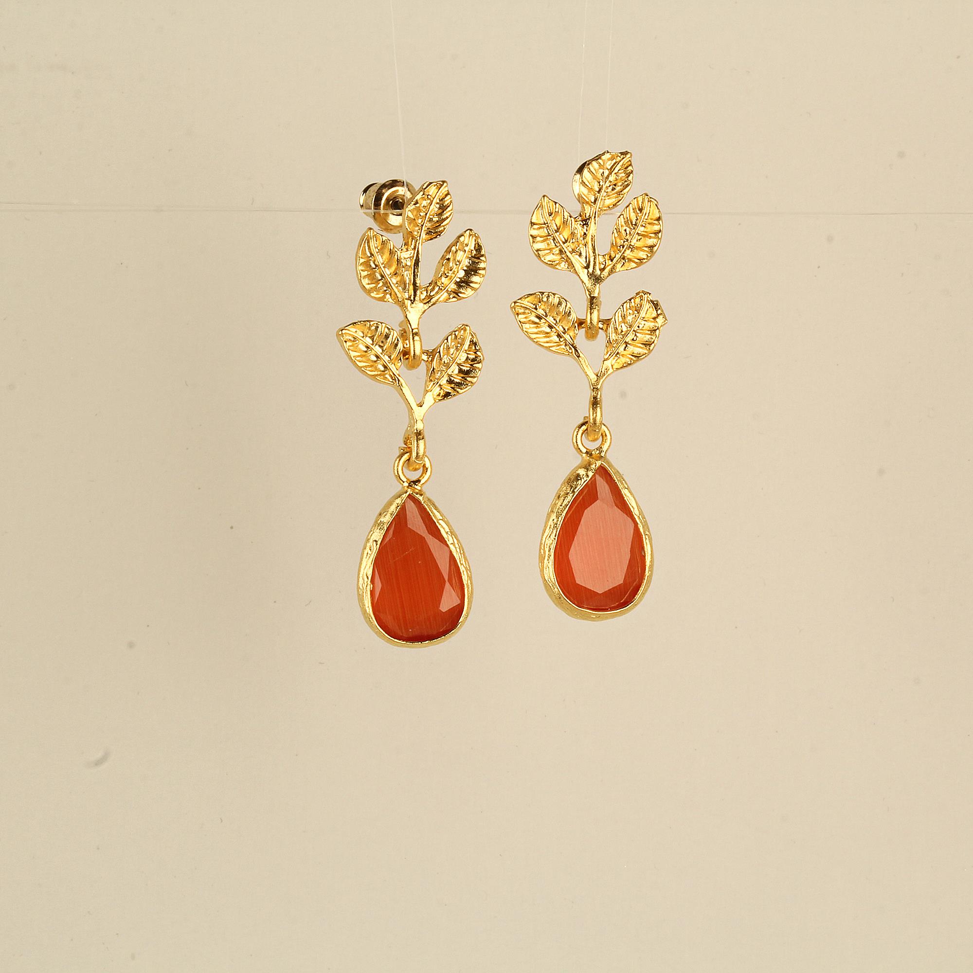 Leaf Orange Cat Eye Stone Earrings