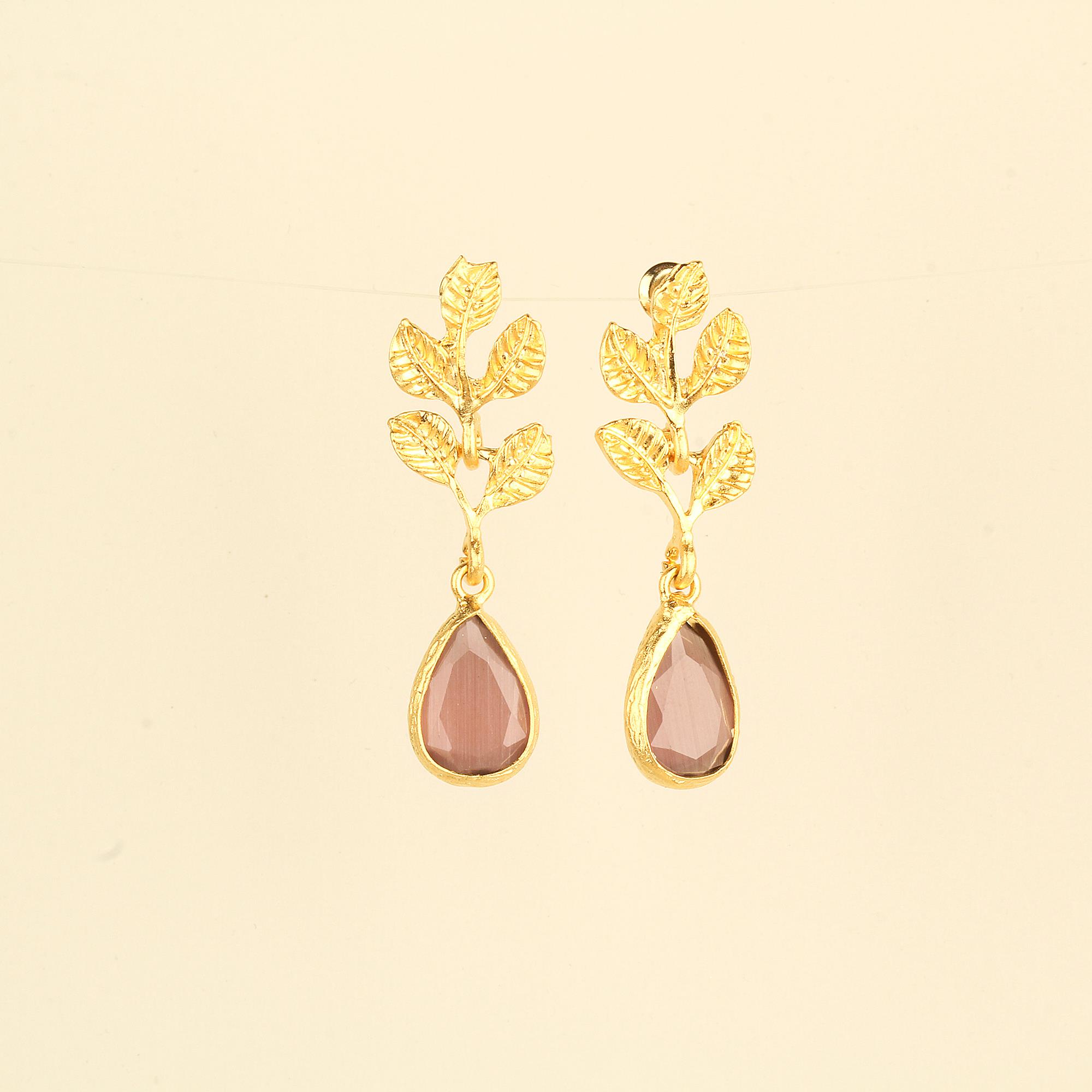 Leaf Purple Cat Eye Stone Earrings