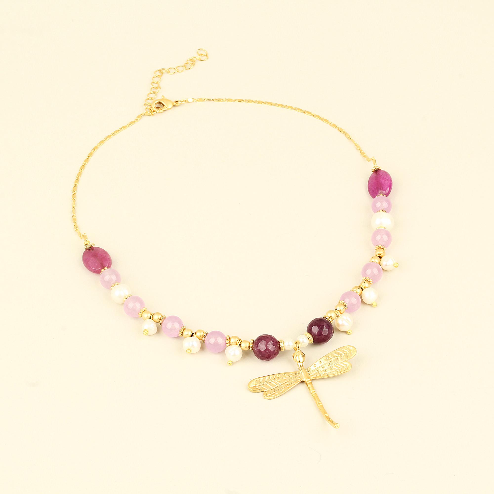 Lilac Natural Stones Pearl Detailed Dragonfly Chain Necklace