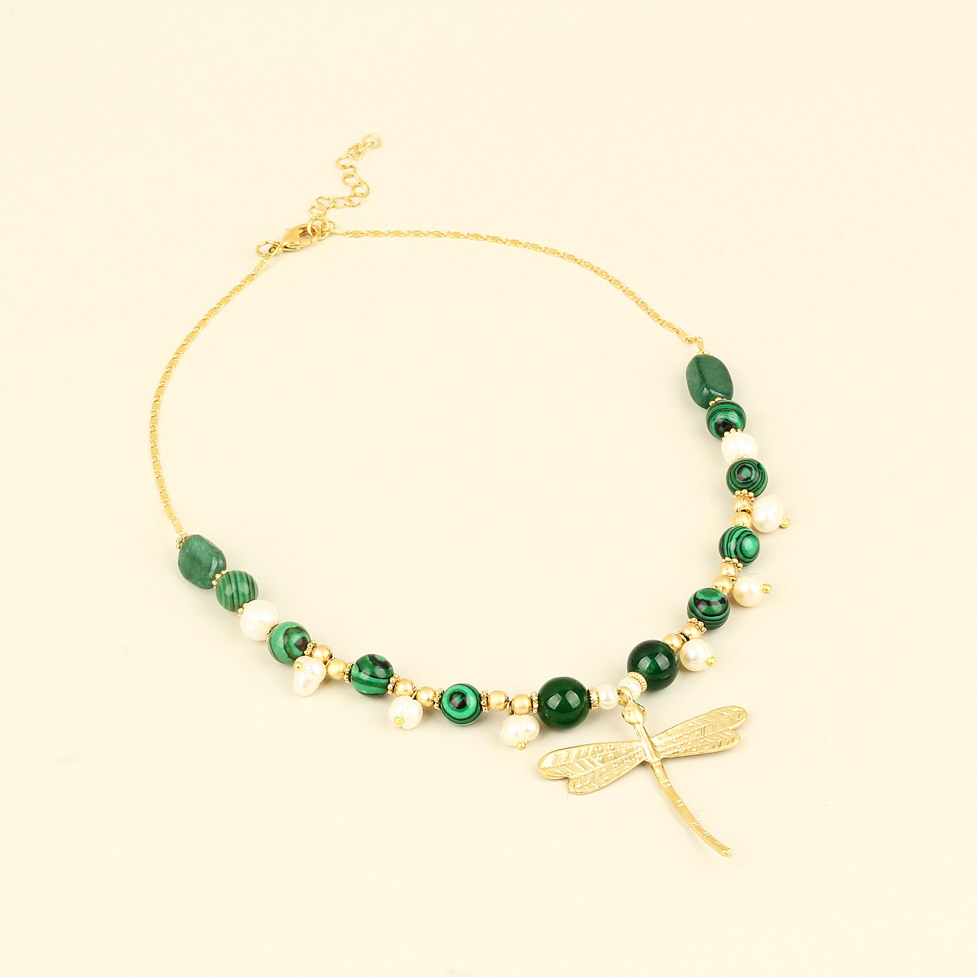 Malachite Natural Stones Pearl Detailed Dragonfly Chain Necklace