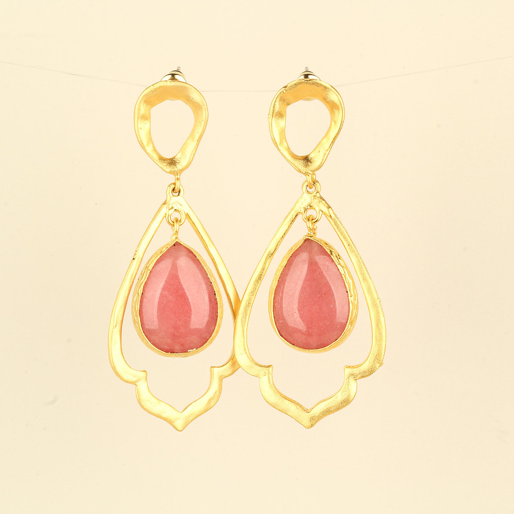 Metal Dangled Pink Natural Stone Earrings